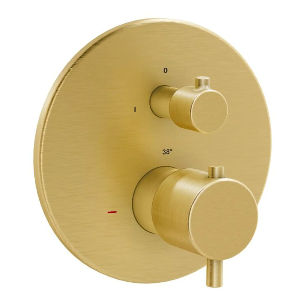 Shower temperature control panel in brushed gold finish, modern bathroom accessories, adjustable water temperature dials, elegant bathroom fixtures, Bubly Bathrooms.