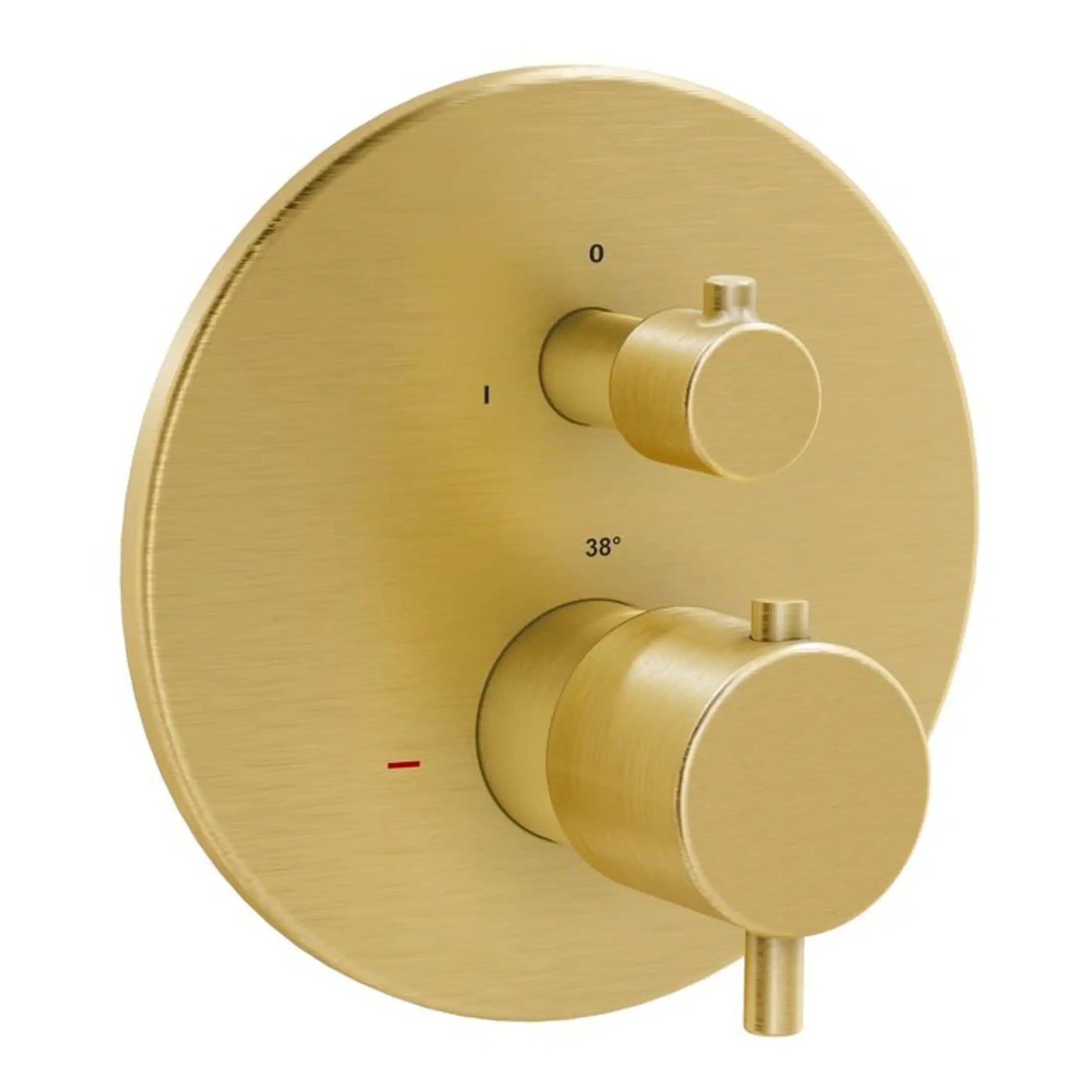 Shower temperature control panel in brushed gold finish, modern bathroom accessories, adjustable water temperature dials, elegant bathroom fixtures, Bubly Bathrooms.