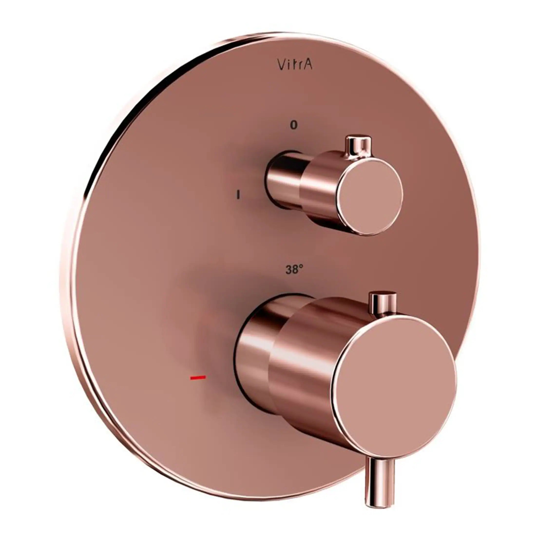 Sleek rose gold shower thermostat control panel with precise temperature adjustment for modern bathroom design.