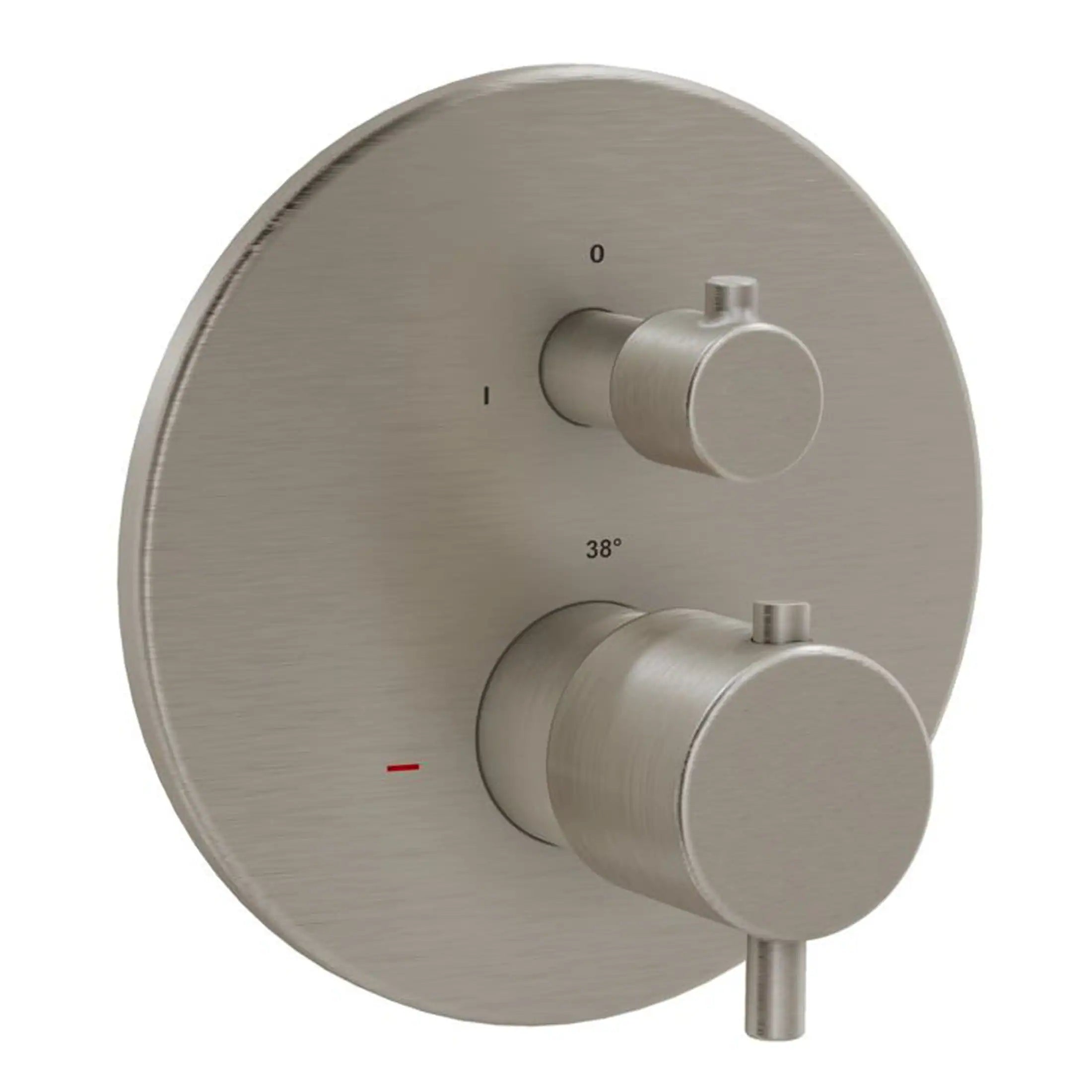 Sleek brushed nickel thermostatic shower control valve with temperature adjustment, ideal for modern bathroom renovations.