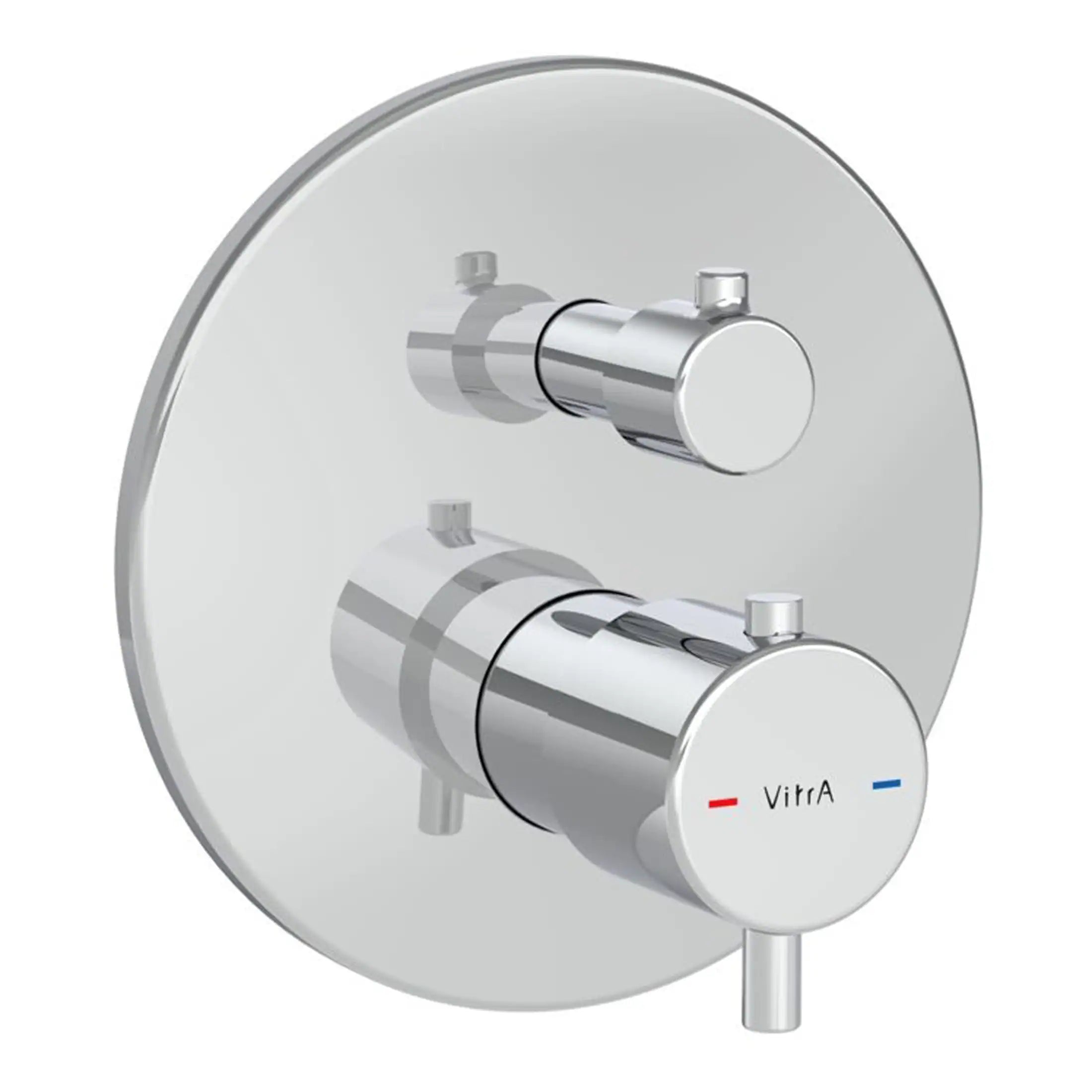 Chrome thermostatic shower control valve with dual controls for precise temperature and flow regulation. Designed for modern bathrooms, combining style and functionality.