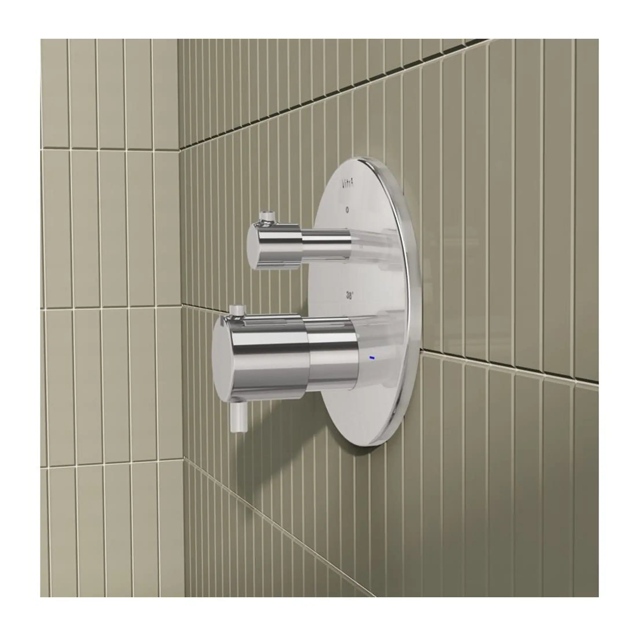 Sleek modern chrome bathroom tap with temperature and pressure controls, mounted on beige tiled wall for a contemporary aesthetic.