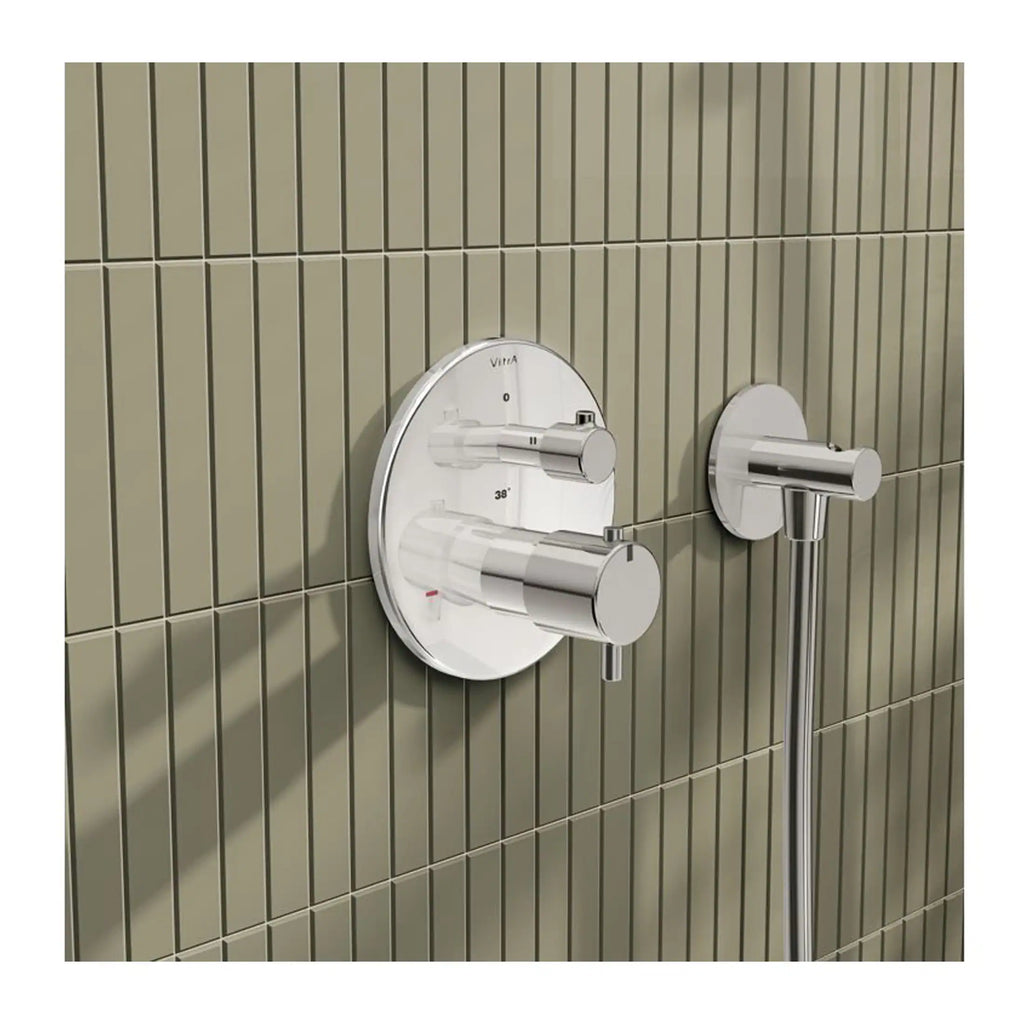 Sleek modern thermostatic shower controls in chrome finish with wall-mounted design, perfect for contemporary bathroom renovations at Bubly Bathrooms.