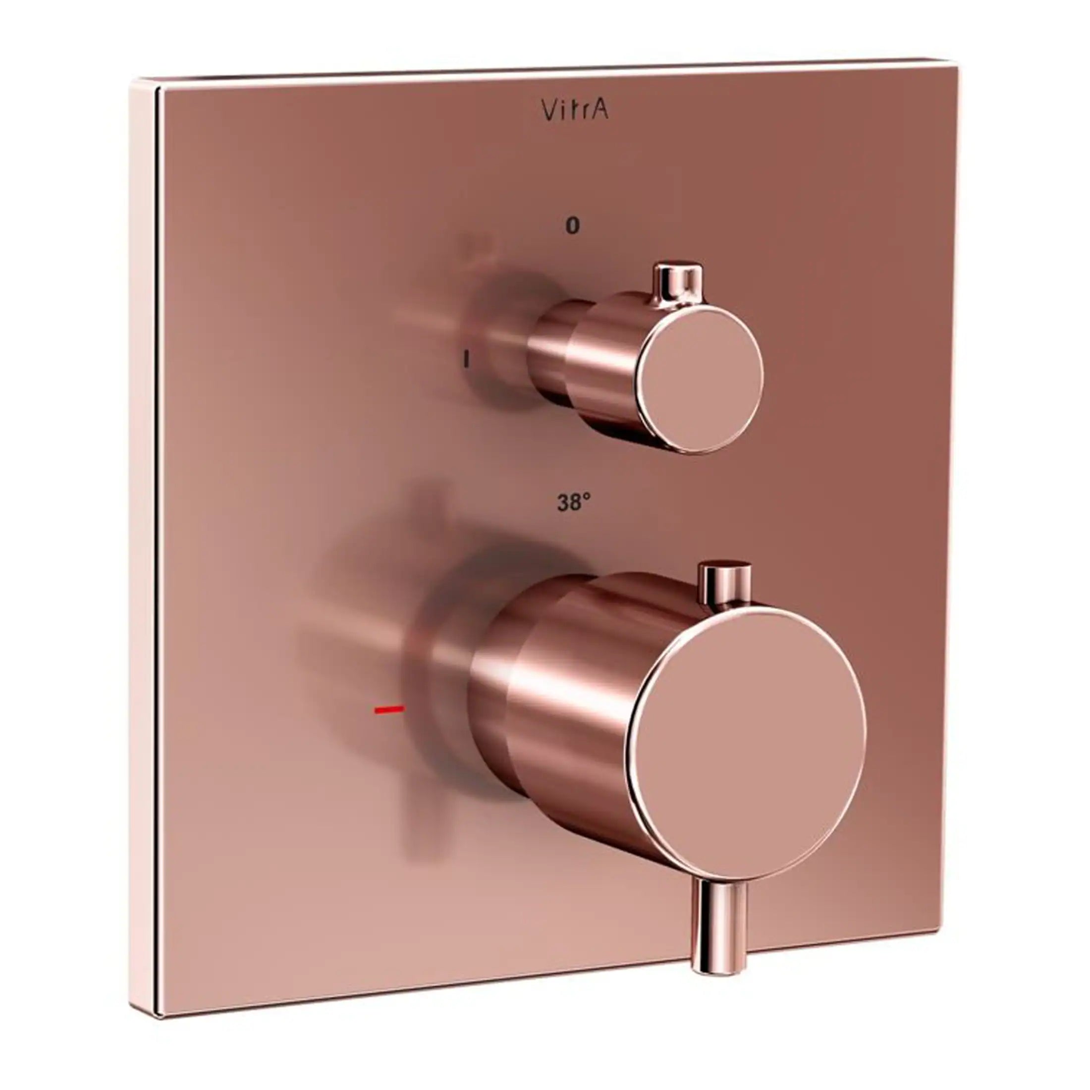 Shower mixing valve in rose gold finish with temperature control knobs, ideal for modern bathroom upgrades and plumbing installations.
