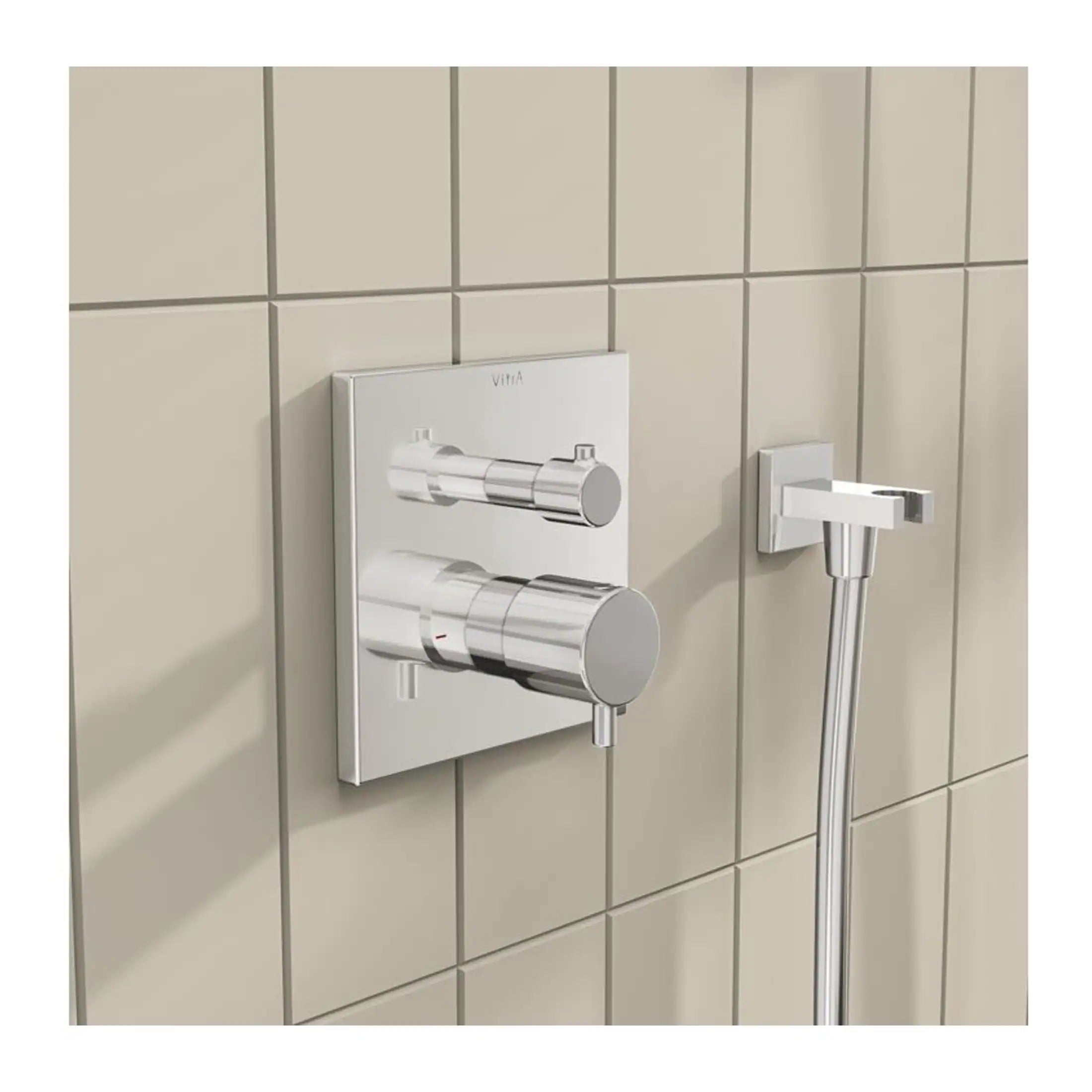 Sleek chrome bathroom mixer valve with wall-mounted controls and handheld shower head on beige tiled wall, designed for modern Bubly bathrooms.