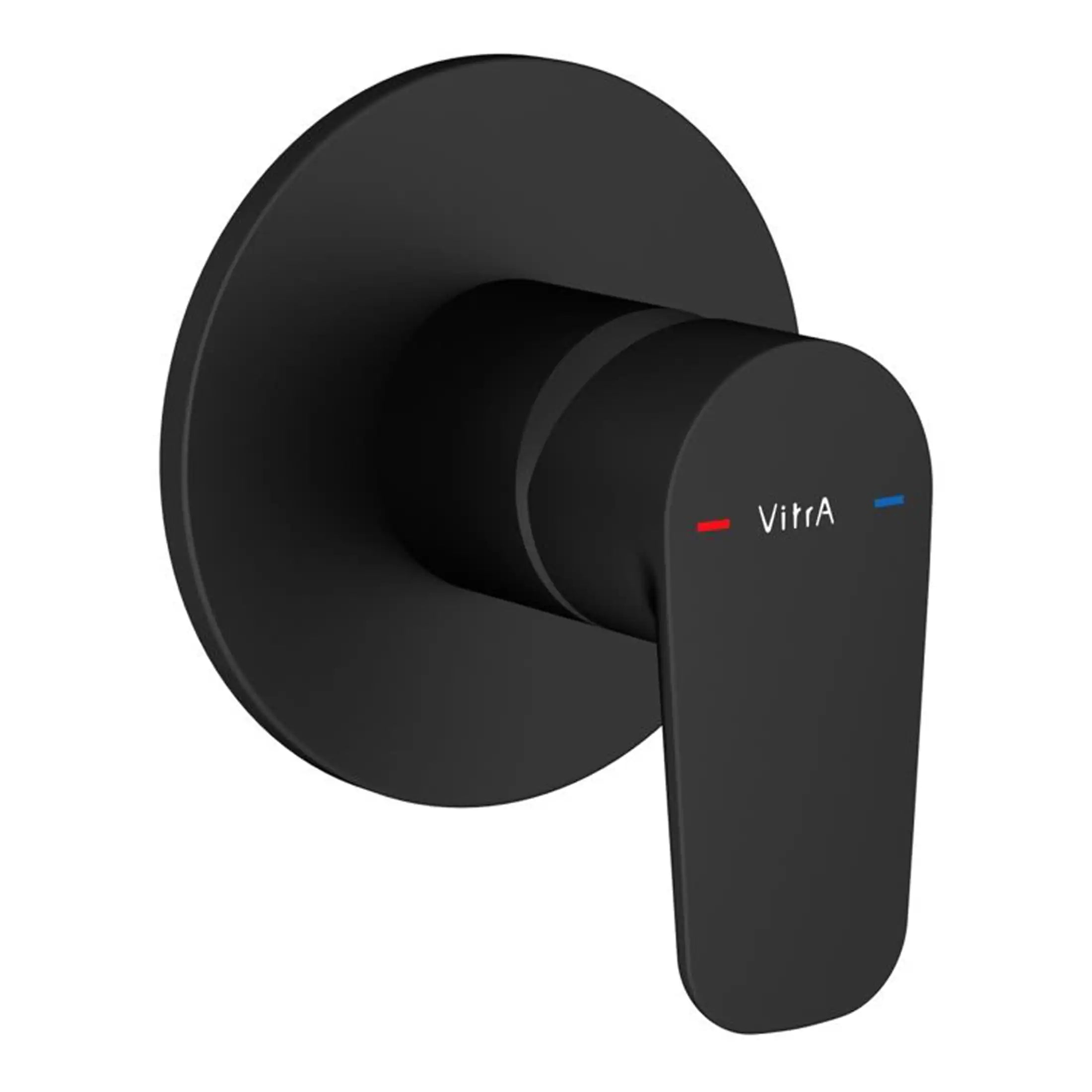 Black modern shower valve with temperature controls, sleek design, suitable for luxurious bathrooms, by Bubly Bathrooms.