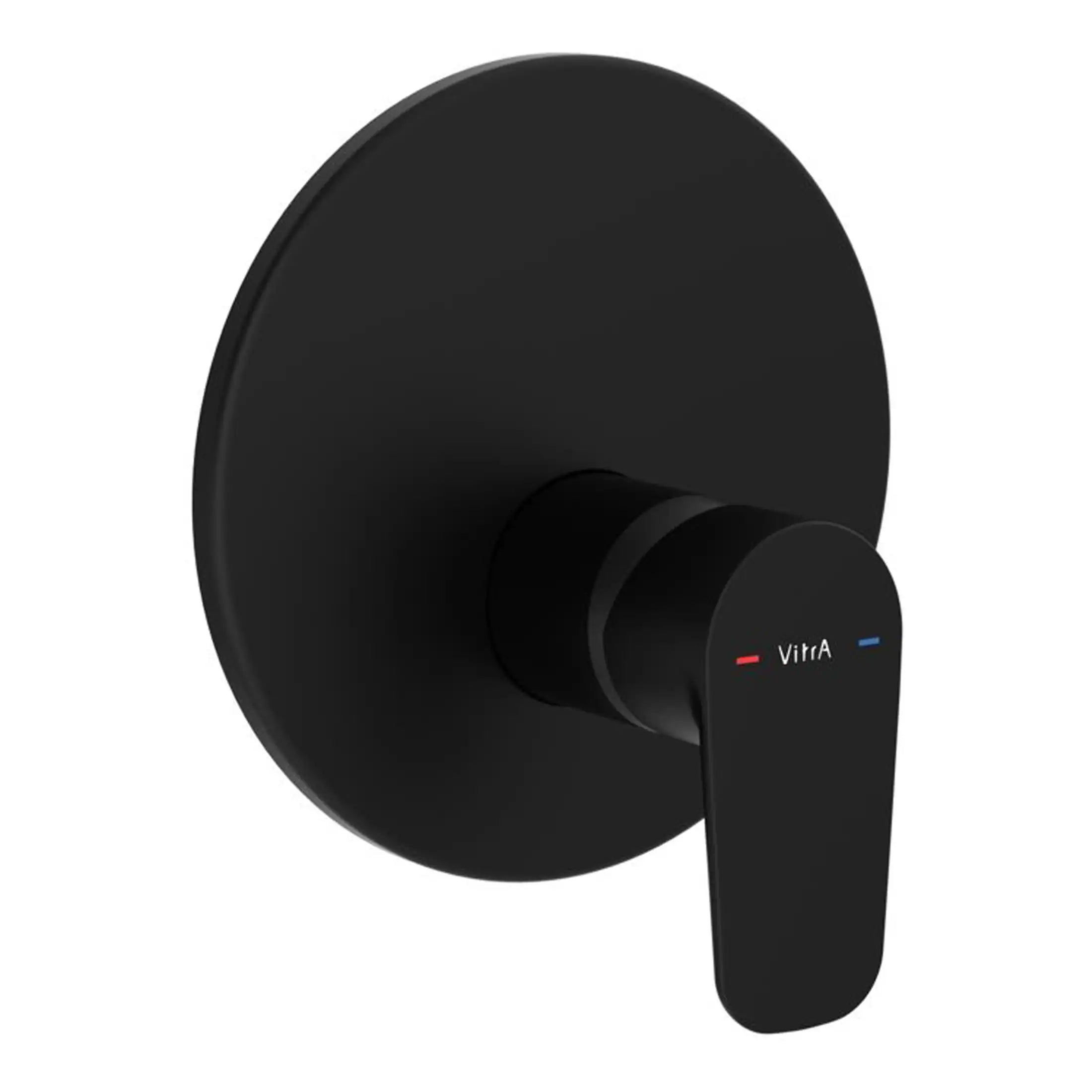 Modern black shower control valve with sleek lever and indication marks for hot and cold water, perfect for contemporary bathroom renovations.