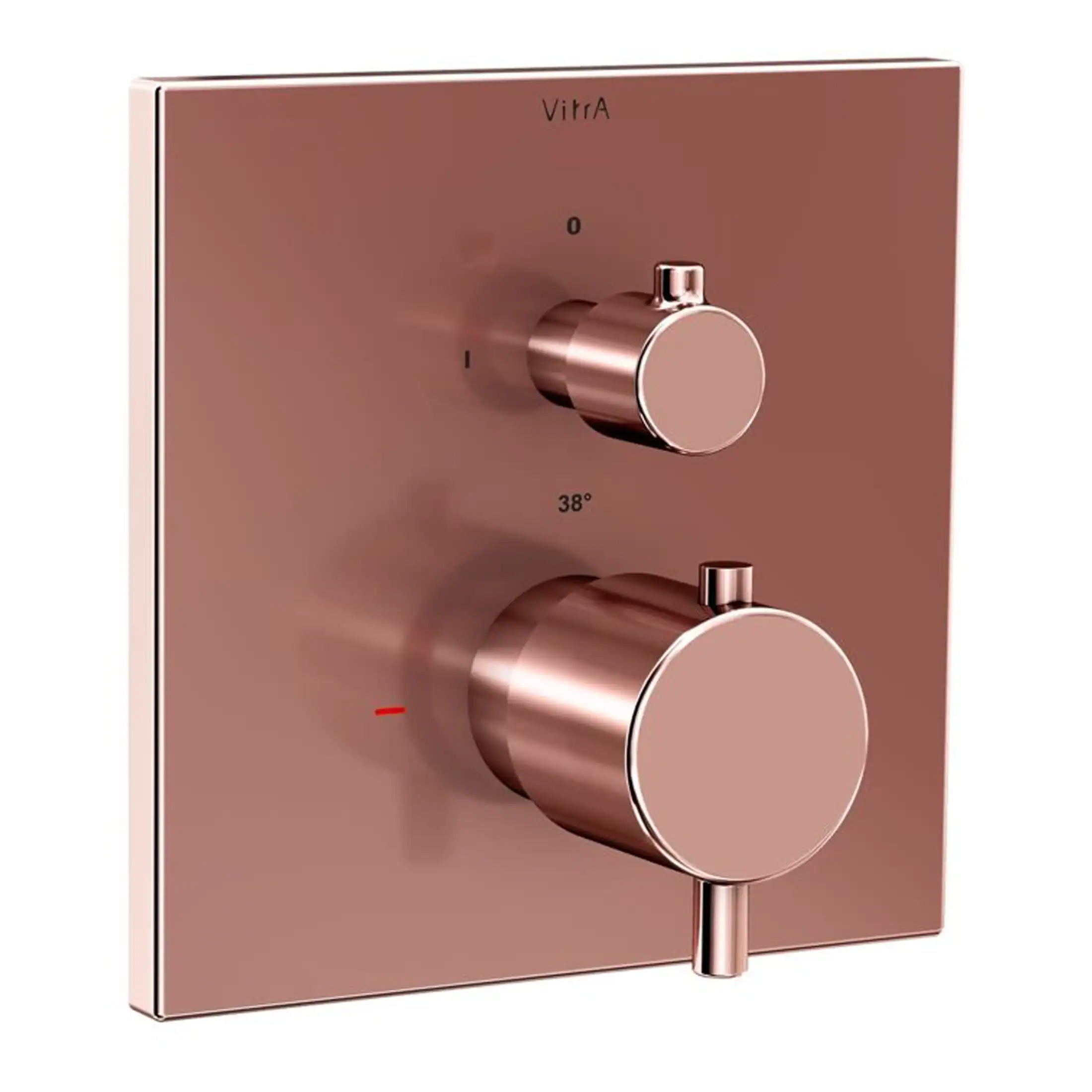 Sleek rose gold shower control panel with temperature settings for modern bathroom design.