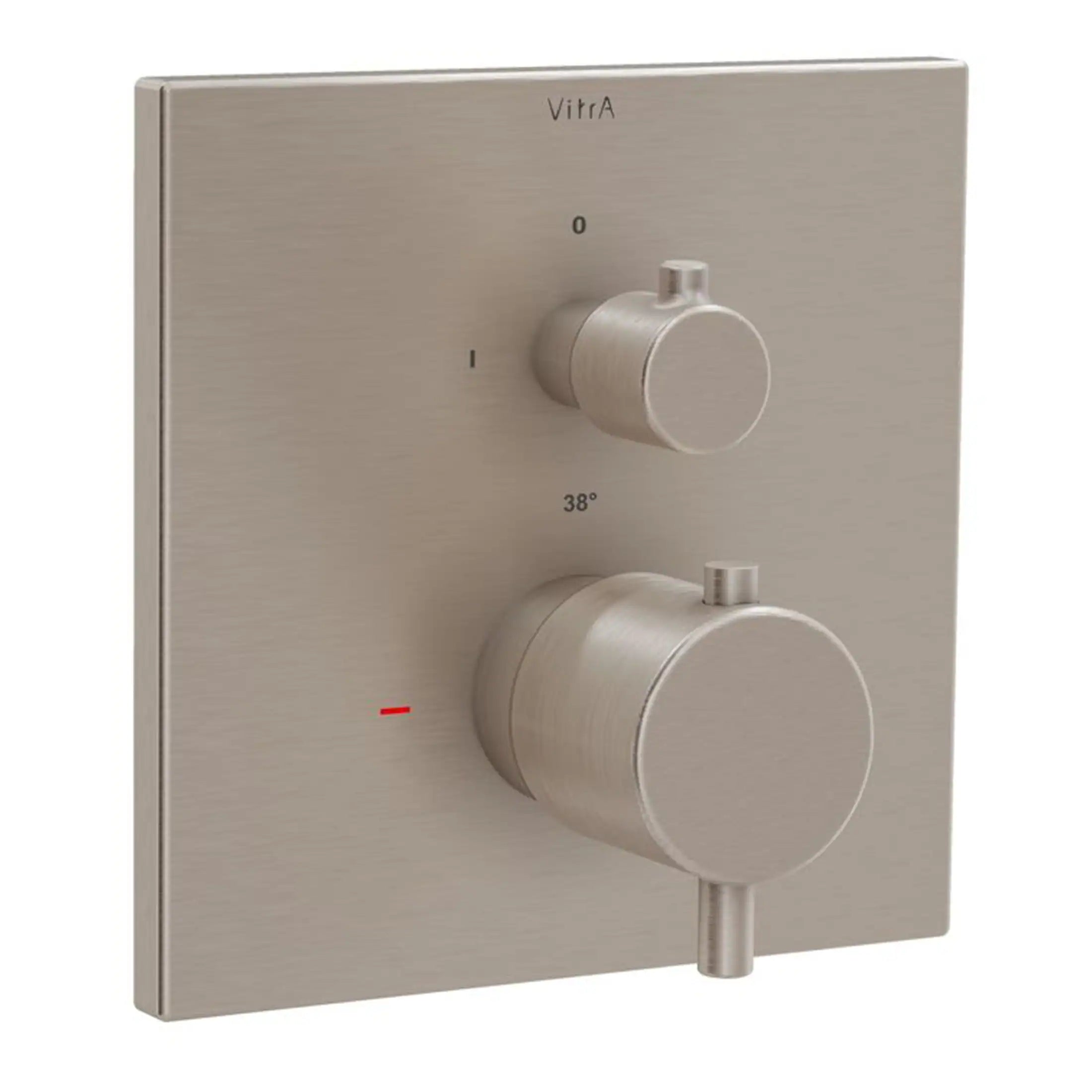 Modern brushed steel thermostat control panel with temperature settings for luxurious bathroom heating. Suitable for contemporary bathroom design and installation.