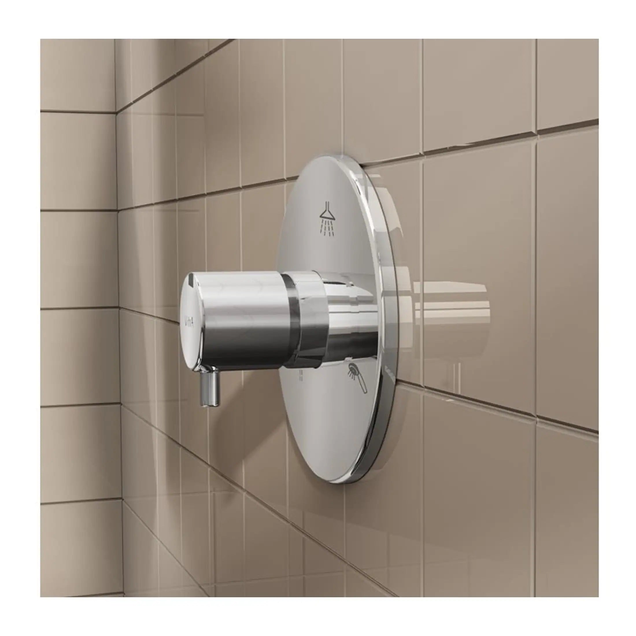 Sleek modern bathroom shower mixer with chrome finish, mounted on beige tiled wall, featuring a circular control knob and a wall-mounted showerhead icon.