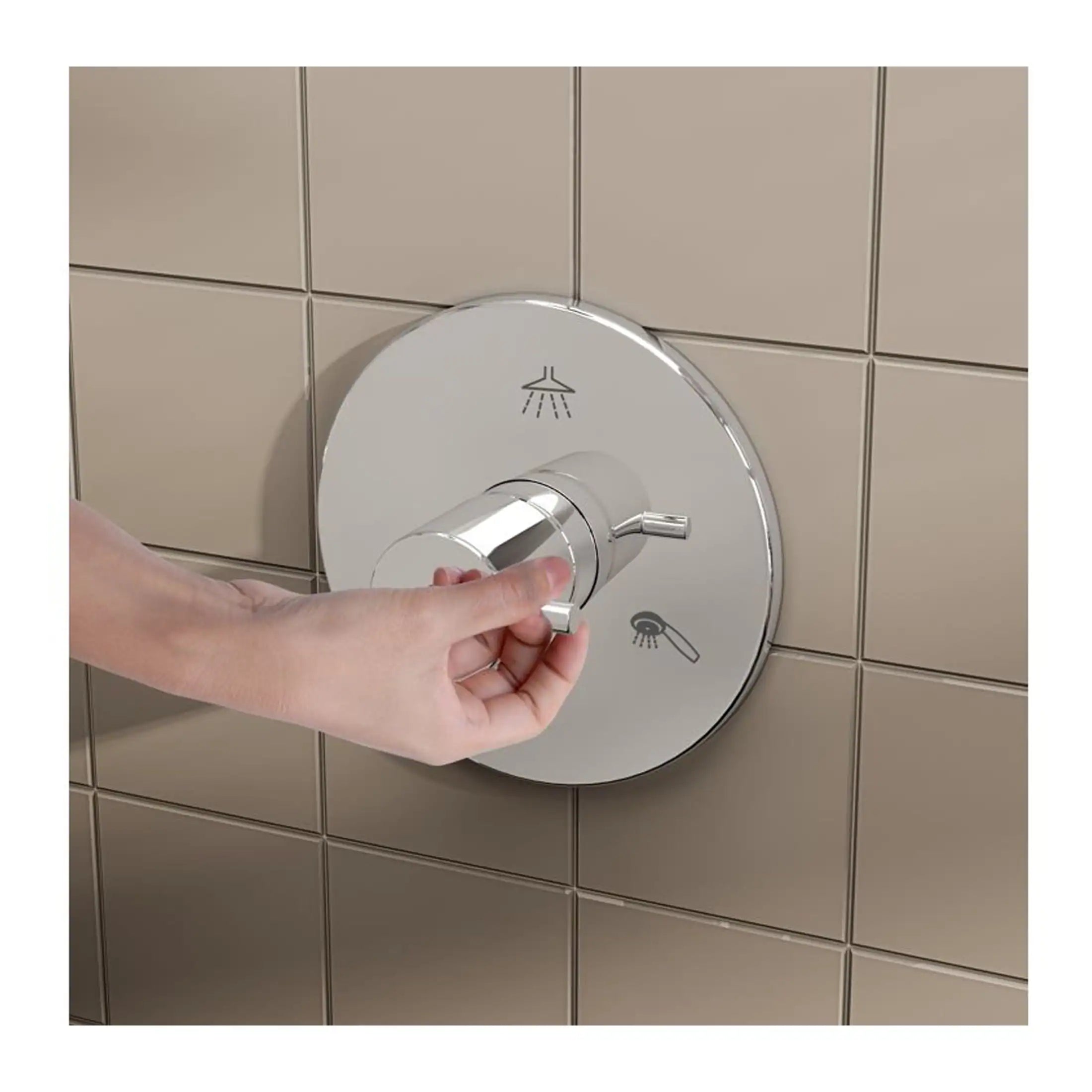 Shower control panel with chrome finish, installed on beige tiled wall, featuring temperature and flow adjustment options for modern bathroom design.