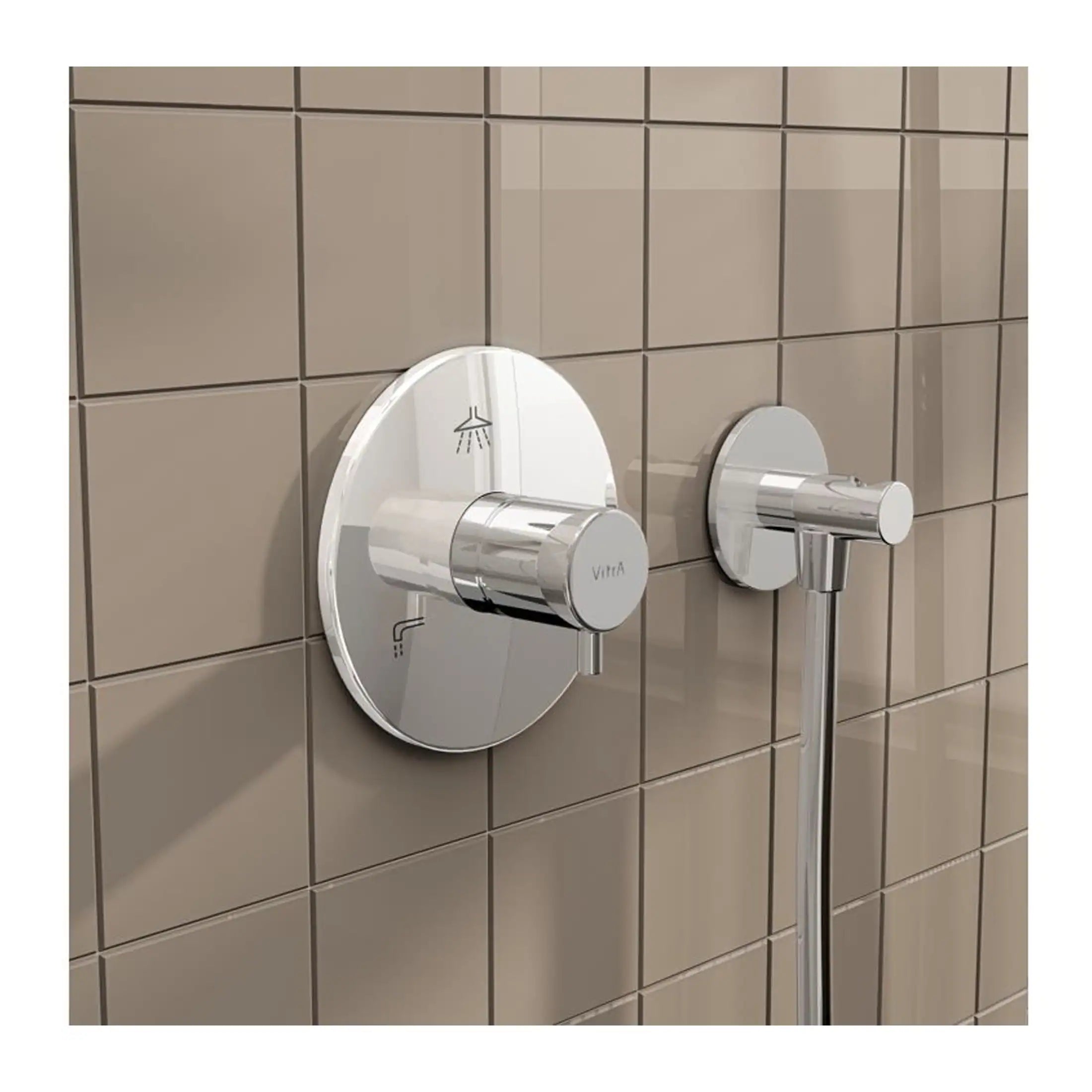 Sleek chrome shower control with matching wall-mounted handle on beige tiled bathroom wall, designed for modern bathroom aesthetics.