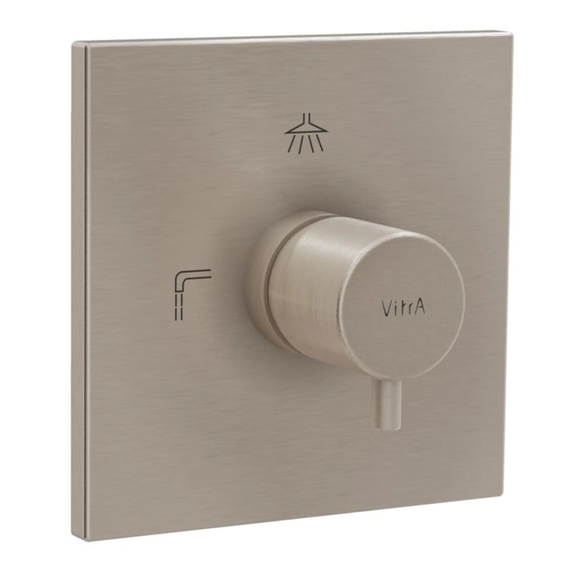 Sleek Vitra bathroom shower control panel with brushed nickel finish, featuring a volume and temperature knob for easy temperature adjustment and water flow control. Perfect for modern bathrooms.