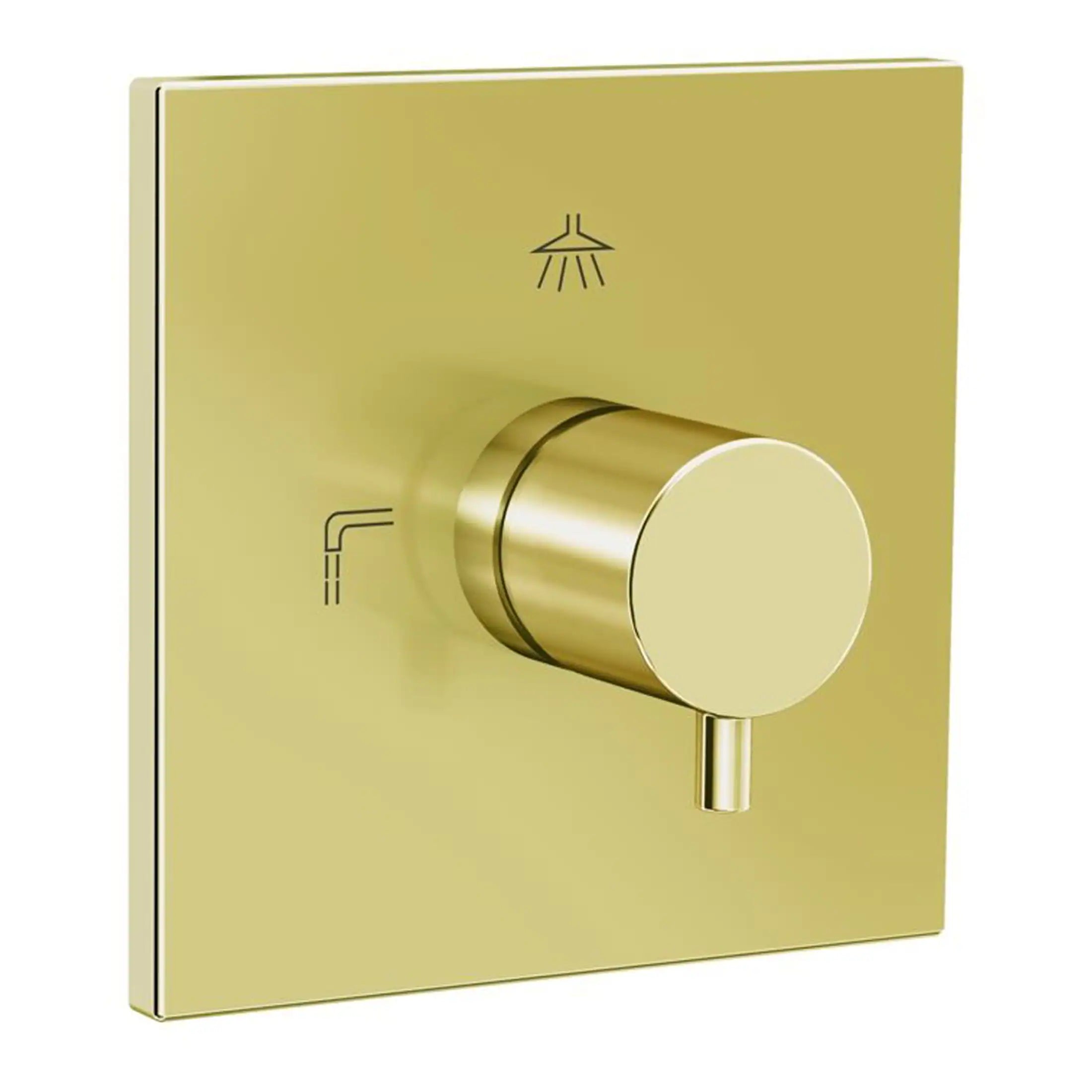 Shower diverter control in matte gold finish, wall-mounted bathroom fixture for seamless water flow management. Perfect for modern bathrooms and luxurious shower setups.