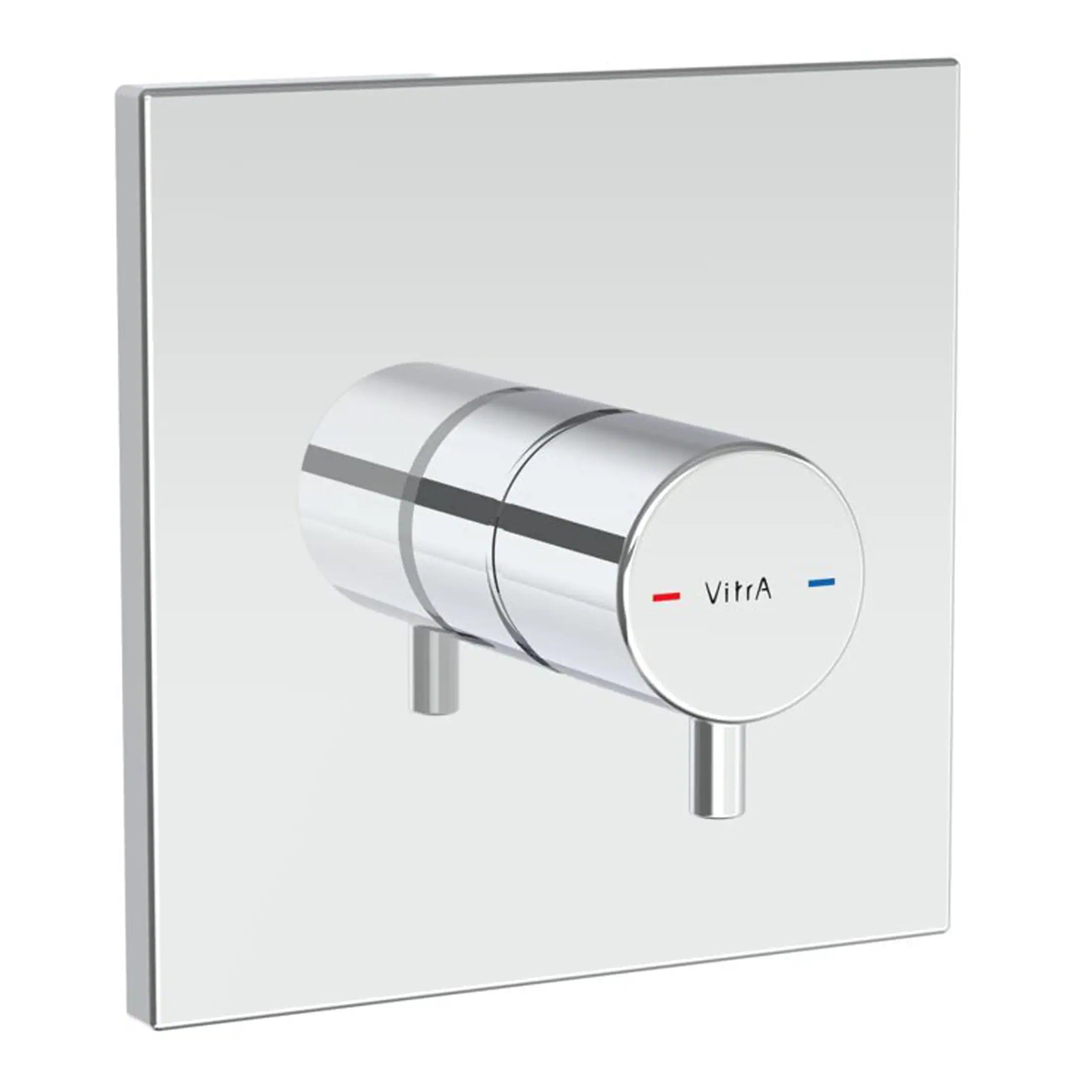 Chrome thermostatic shower valve control panel with Vitra branding, used in modern bathroom installations. Perfect for adjusting water temperature and flow for a comfortable shower experience.