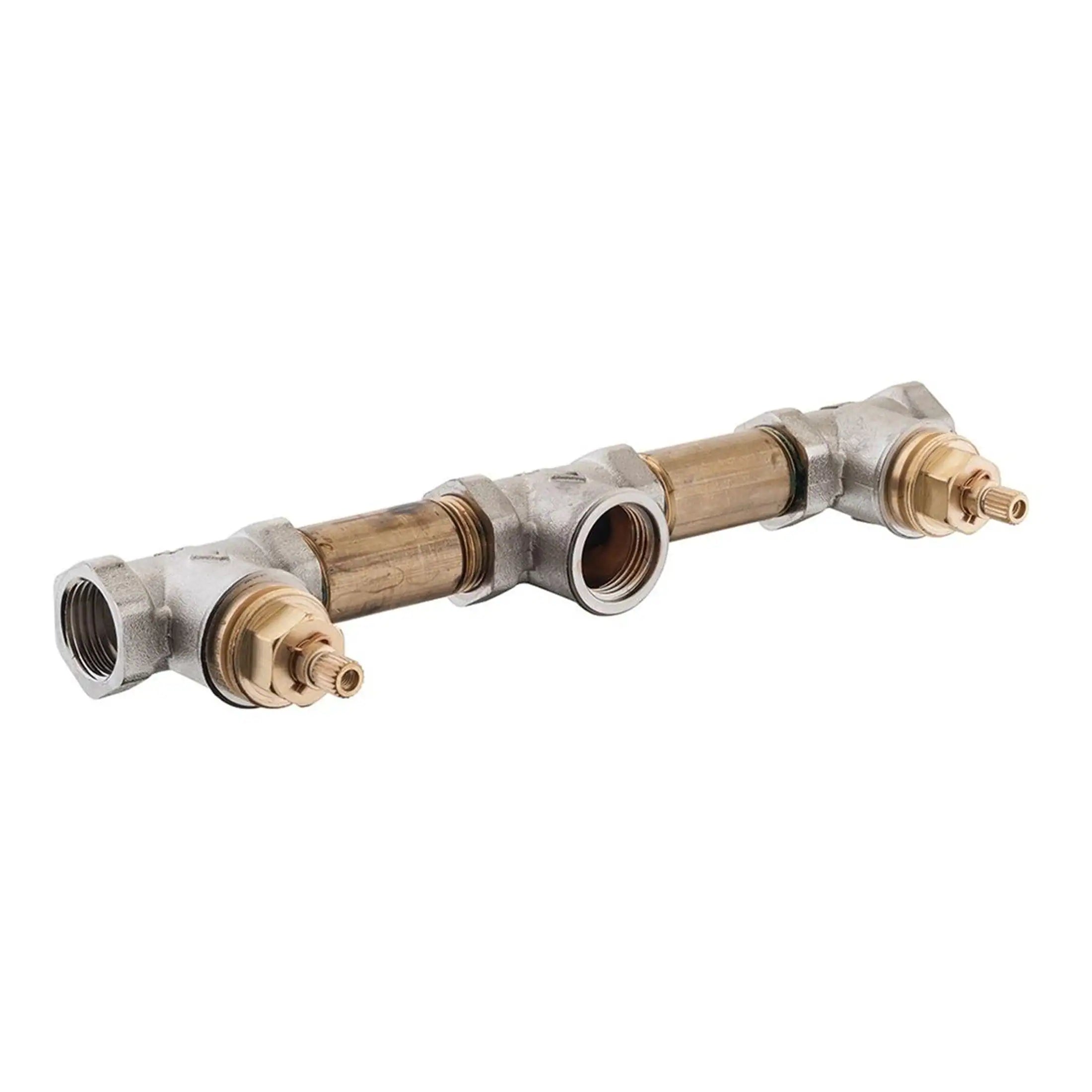 Vertical pipe composite with brass and copper fittings for bathroom plumbing installation.