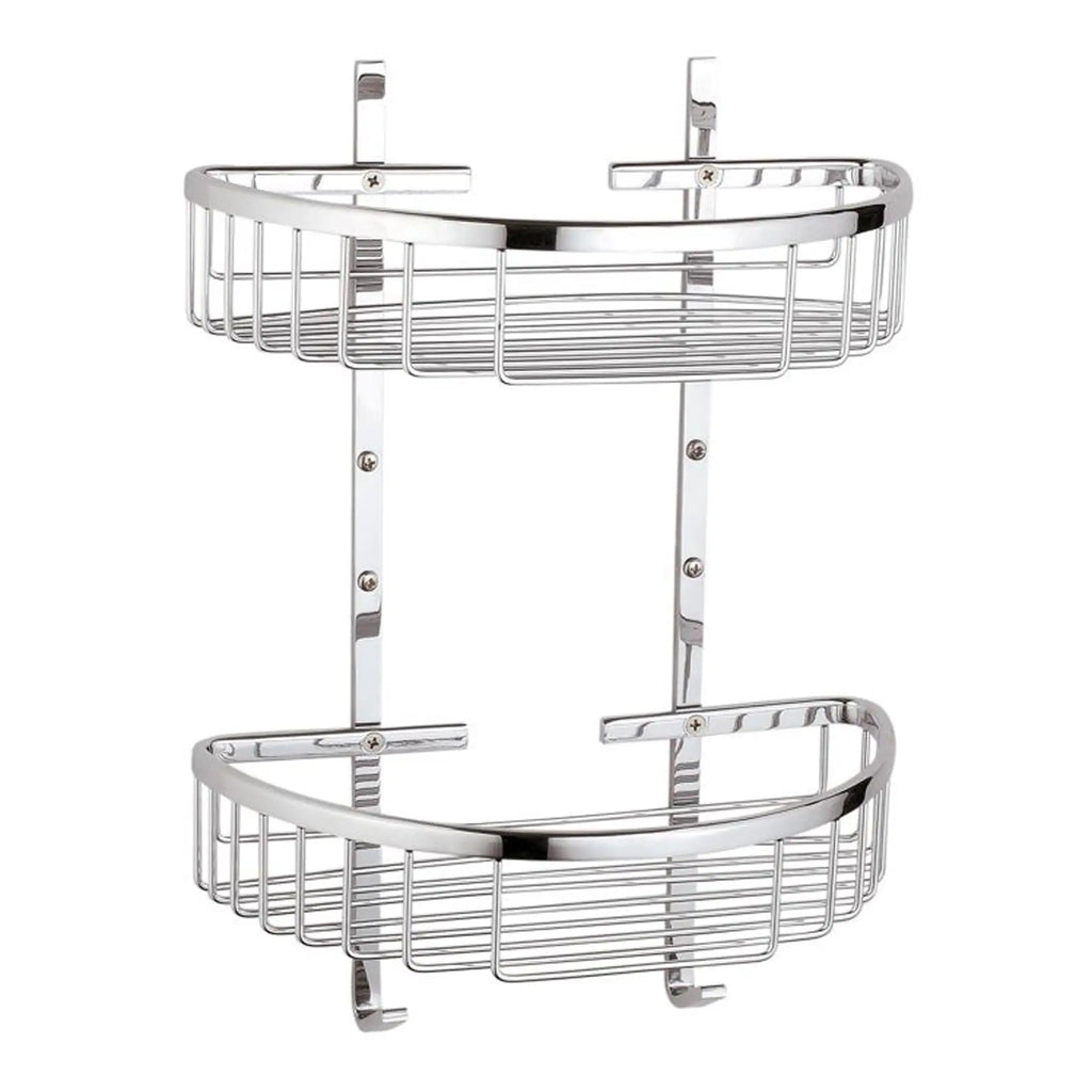 Shower caddy with chrome finish, two-tier basket for bathroom organisation, mounted on wall with hooks, ideal for holding shower gels and toiletries.