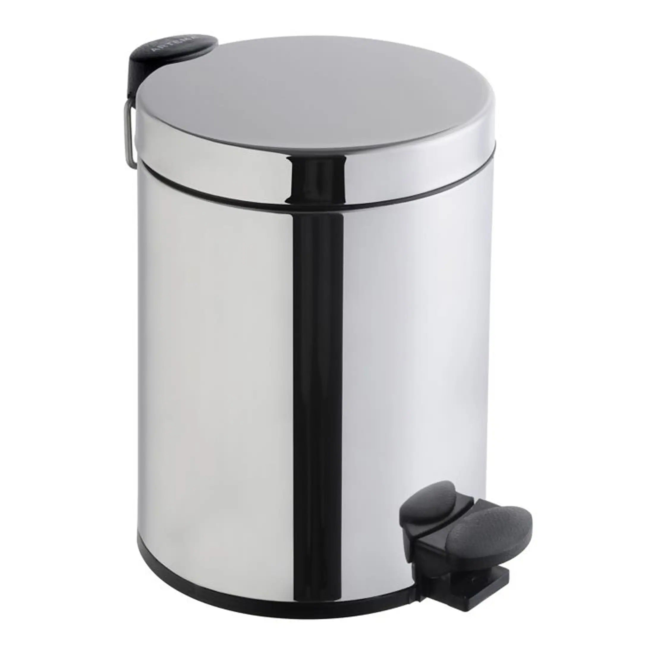 Stainless steel pedal trash bin with soft-close lid and foot pedal for bathroom and kitchen use. Compact, durable waste container perfect for modern bathroom design.