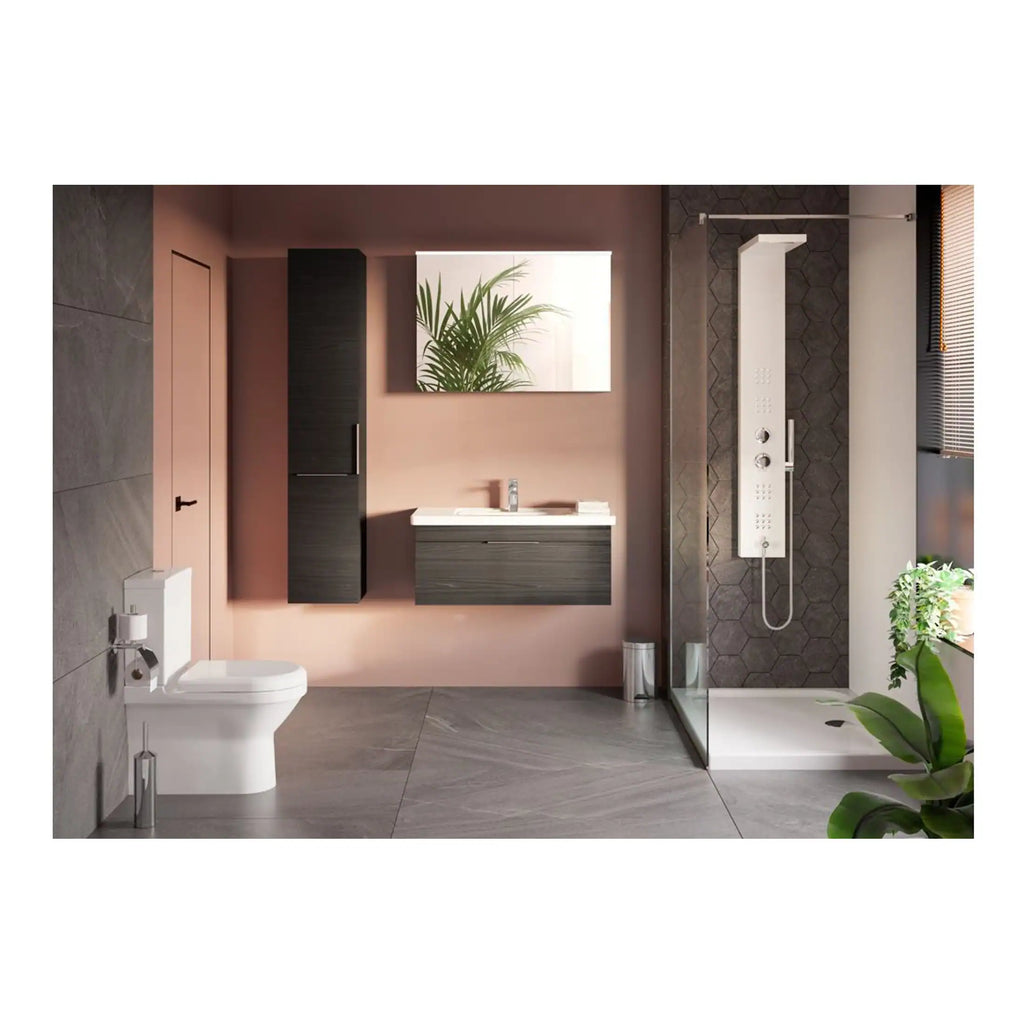 Bright modern bathroom featuring a stylish wall-mounted vanity, sleek shower panel, and contemporary fixtures, perfect for contemporary bathroom design and luxury bathroom ideas.