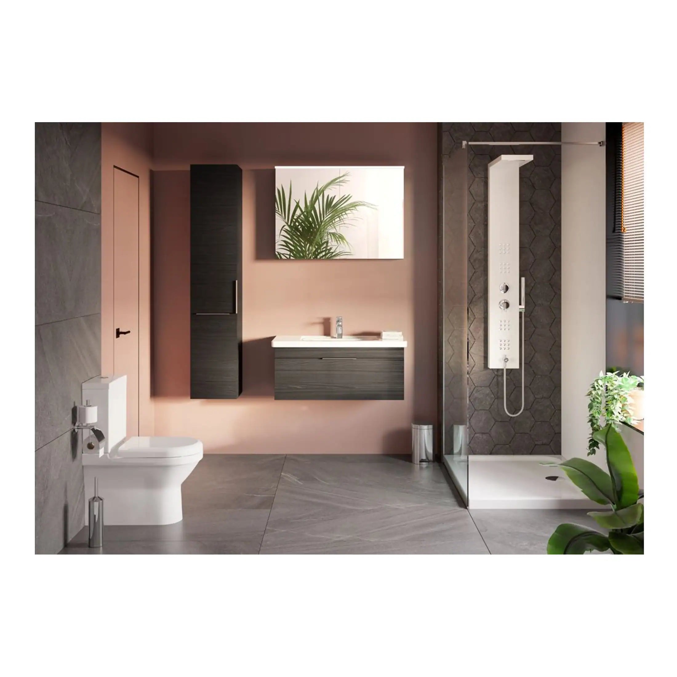 Sleek modern bathroom with floating vanity, wall-mounted storage, walk-in shower with rainfall shower panel, grey tiled flooring, pink wall accents, and lush green plants for a contemporary bathroom design.