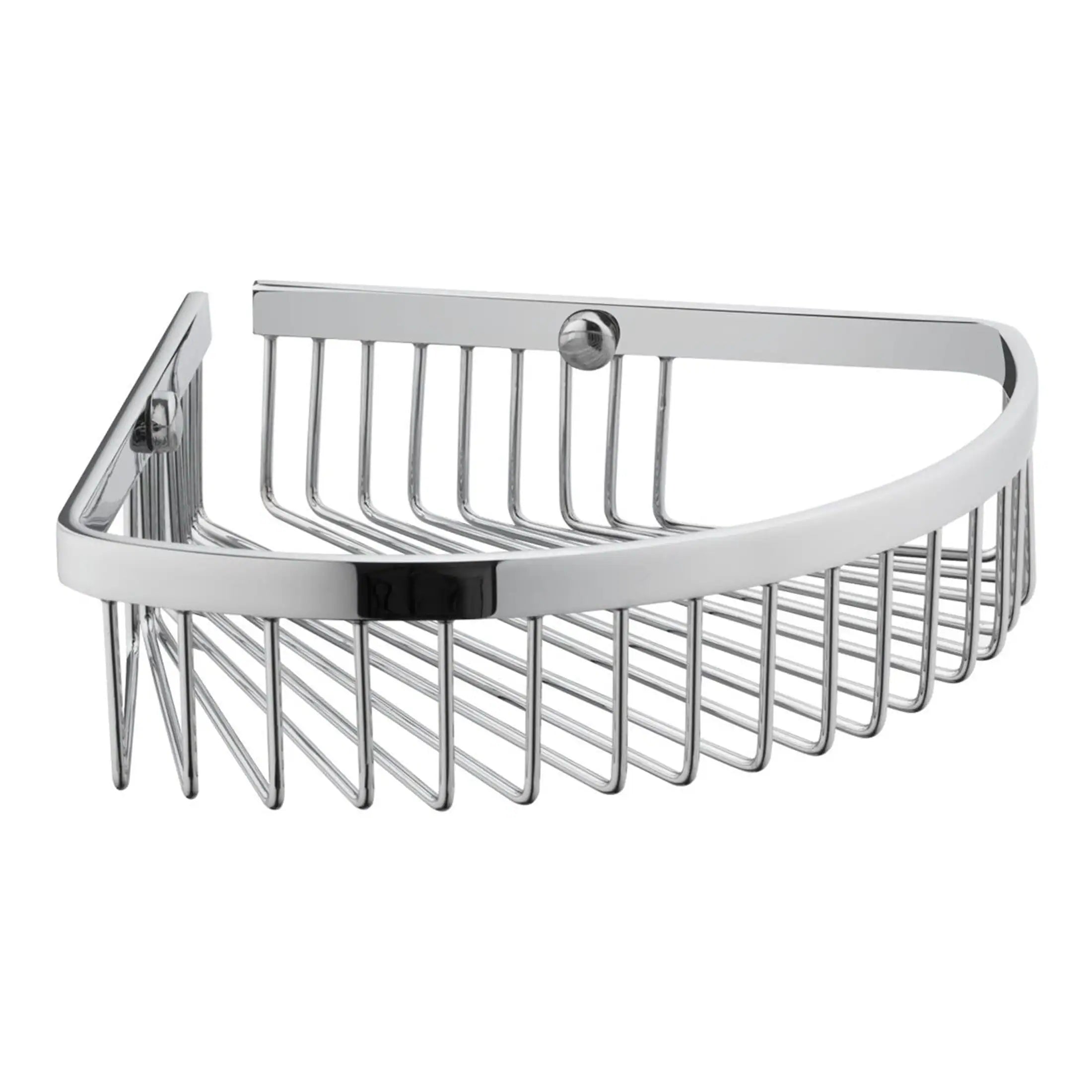 Shower caddy with chrome finish and white plastic trim for bathroom organisation. Ideal for holding toiletries and shower essentials in a sleek, modern design.