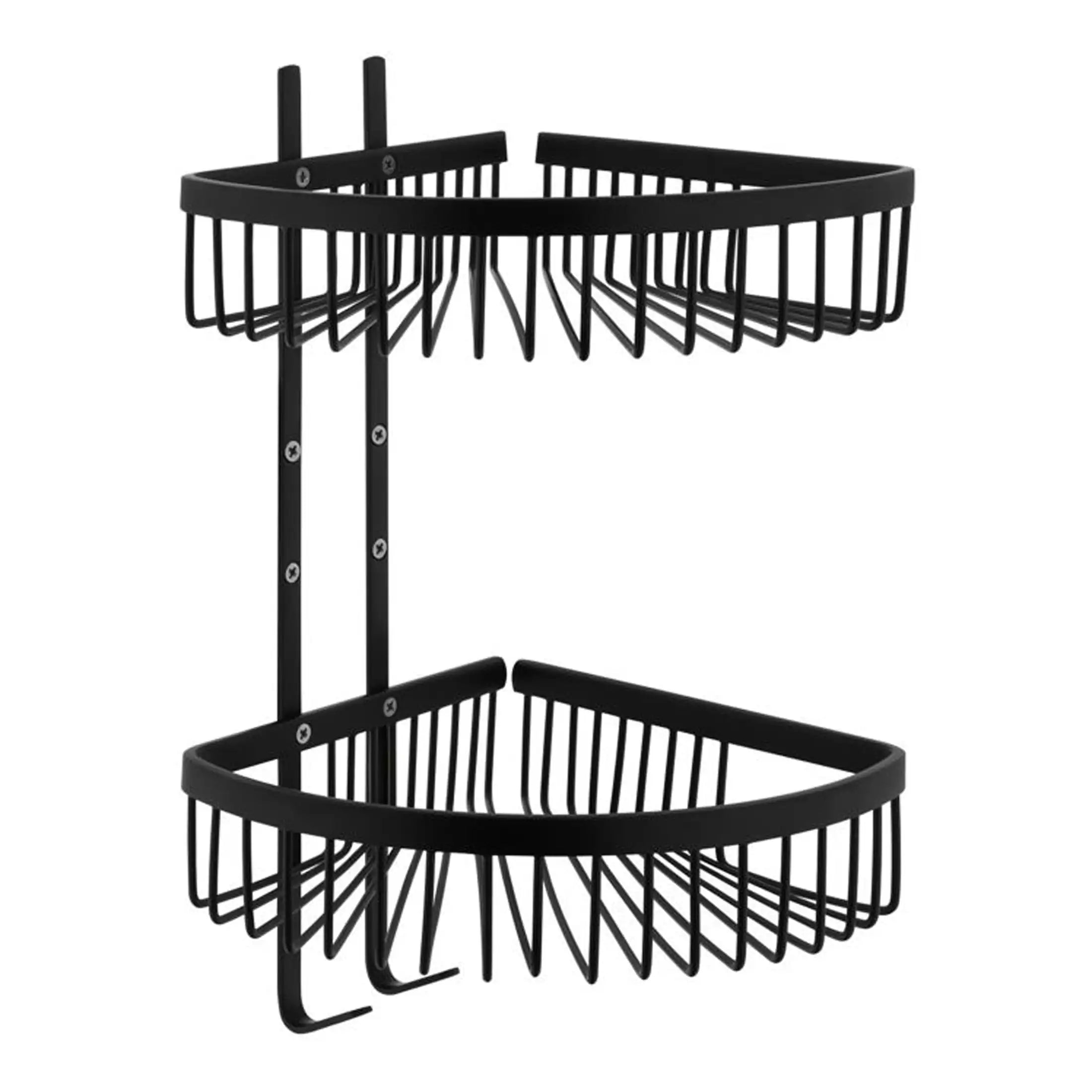 Black corner shower caddy for bathroom storage, durable metal design with two-tier shelves, ideal for organisation in shower or bathtub.