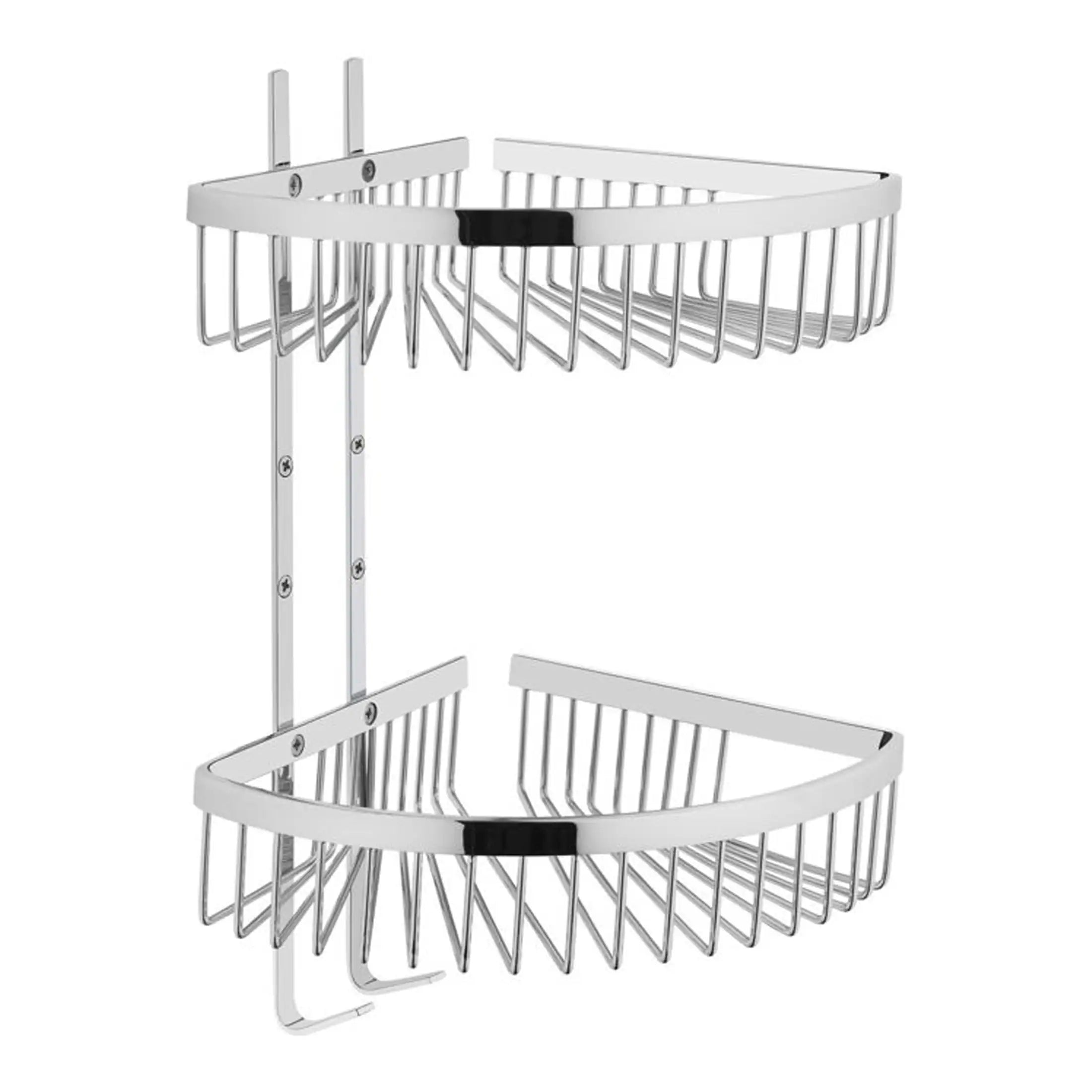 Chrome bathroom corner shelf with two-tier wire baskets for storage, ideal for organising shower essentials in modern bathrooms.