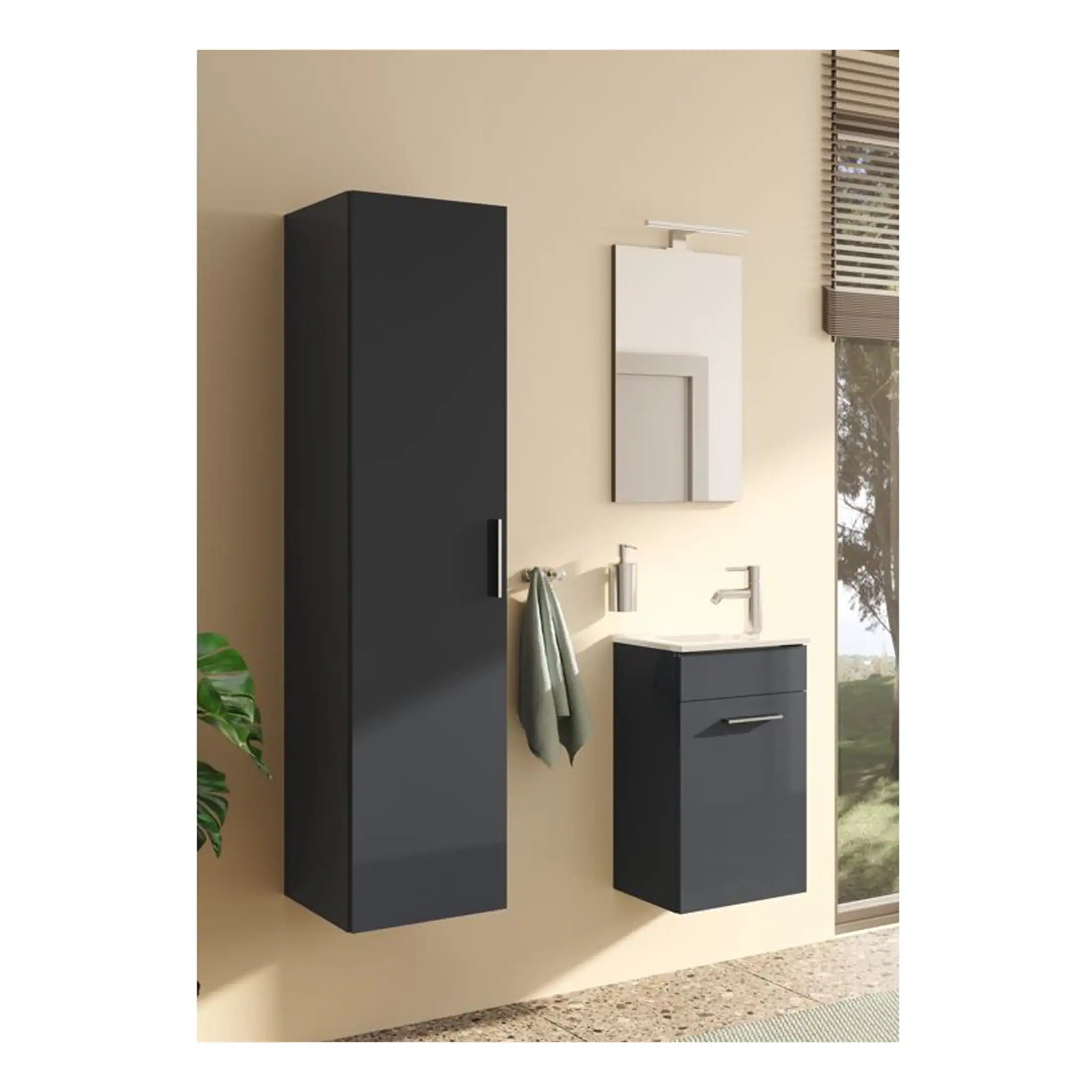 Modern navy blue bathroom cabinet and vanity unit with sleek design, wall-mounted mirror and contemporary fixtures, ideal for stylish bathroom storage and organisation.