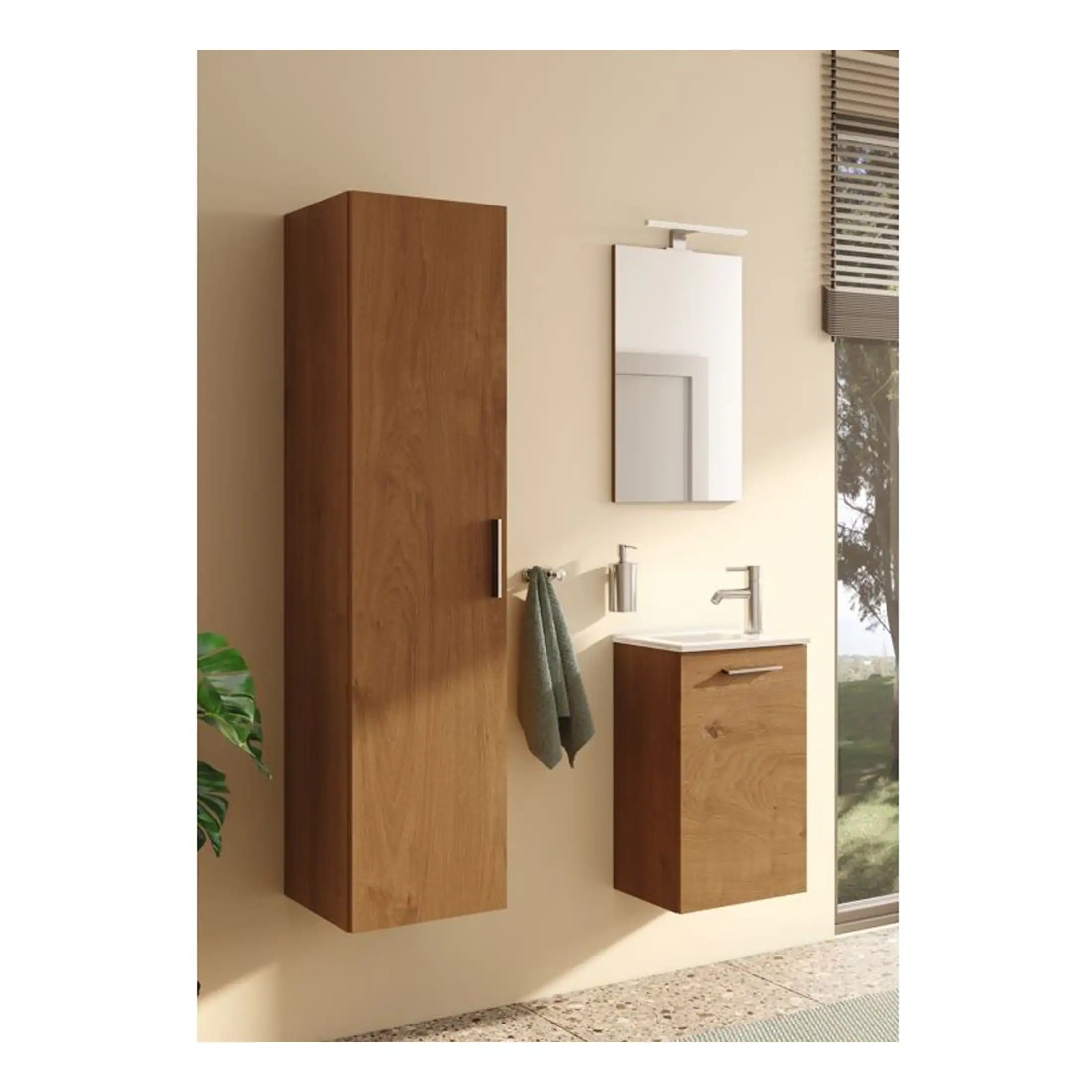 Sleek wooden bathroom storage units, wall-mounted mirror with light, modern sink and tap, ideal for contemporary bathroom design, creating a warm and functional space.