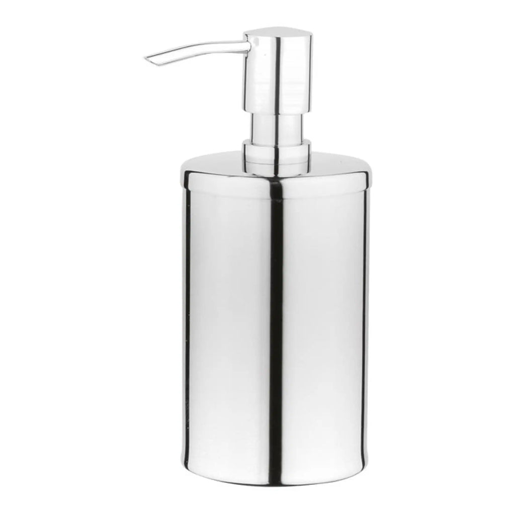 Shiny chrome bathroom soap dispenser with a sleek, modern design, ideal for stylish bathroom accessories and hygienic handwashing.