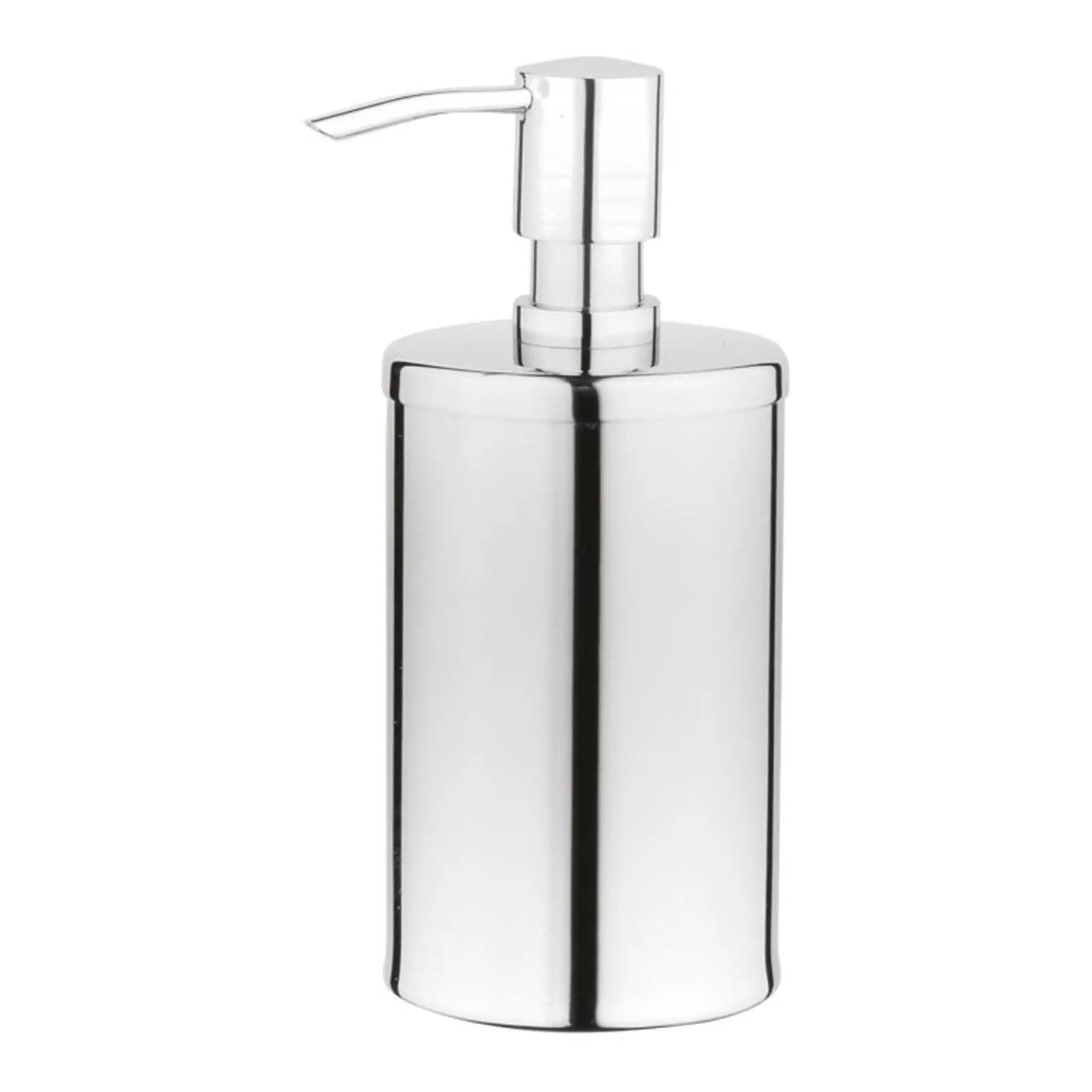 Shiny chrome bathroom soap dispenser with a sleek, modern design, ideal for stylish bathroom accessories and hygienic handwashing.