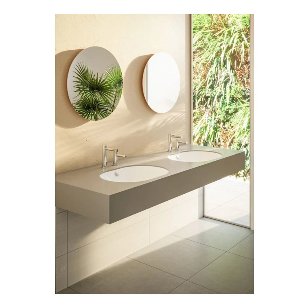 Modern double bathroom vanity with two oval sinks, sleek chrome faucets, and stylish round mirrors in a contemporary bathroom setting. Illuminated by natural light from a large window overlooking lush greenery.