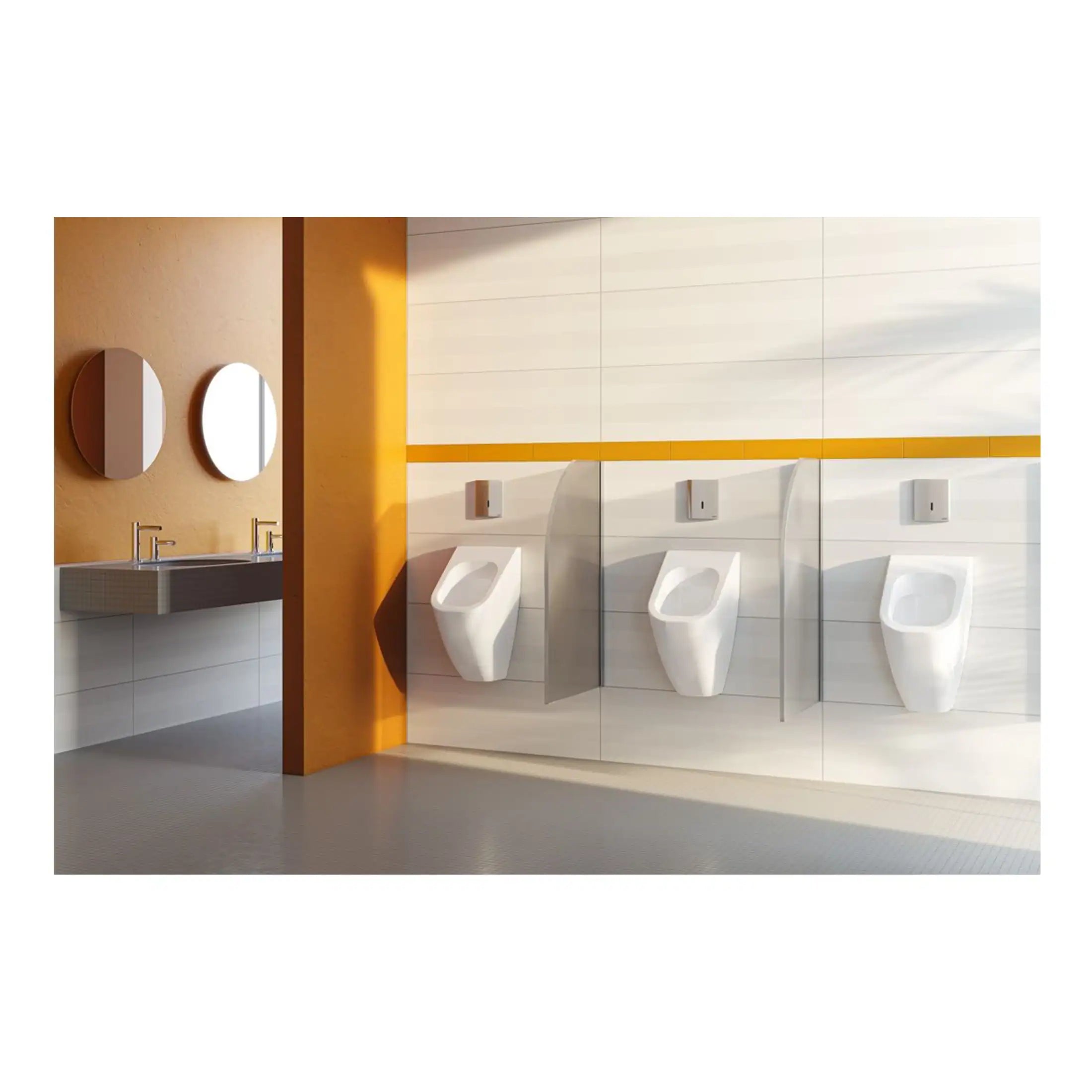 Modern public restroom with three white urinals separated by barriers, beige tiled walls, and a sink area with mirrors, designed for cleanliness and convenience in a contemporary bathroom setting.