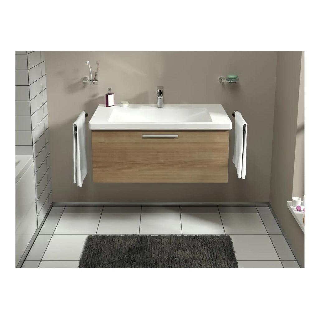 Contemporary bathroom vanity unit with integrated sink, wooden finish, and modern chrome fixtures, set against a neutral wall with minimal decor for a sleek, functional space.