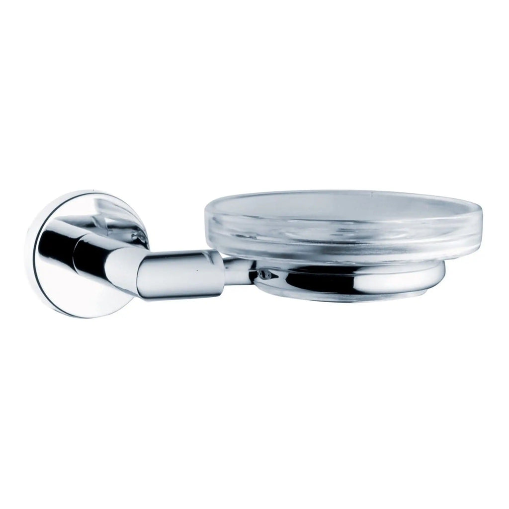Shower soap holder with clear glass soap dish, chrome wall mount, modern bathroom accessories, durable shower storage, elegant and practical bathroom decor.
