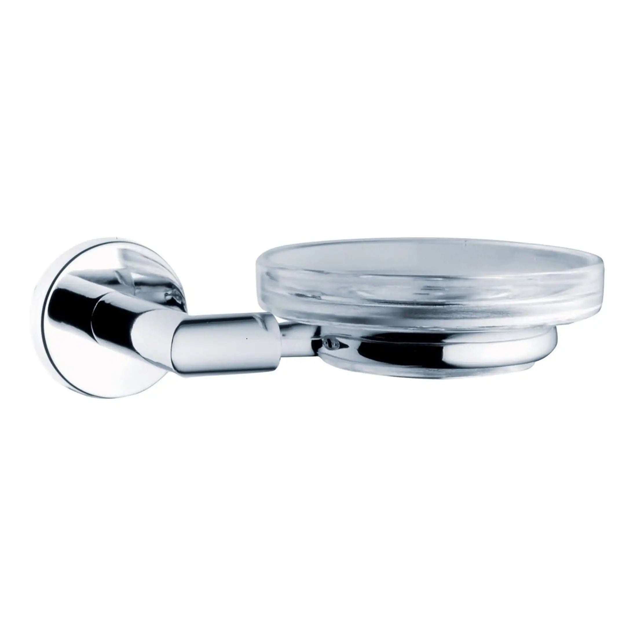 Shower soap holder with clear glass soap dish, chrome wall mount, modern bathroom accessories, durable shower storage, elegant and practical bathroom decor.