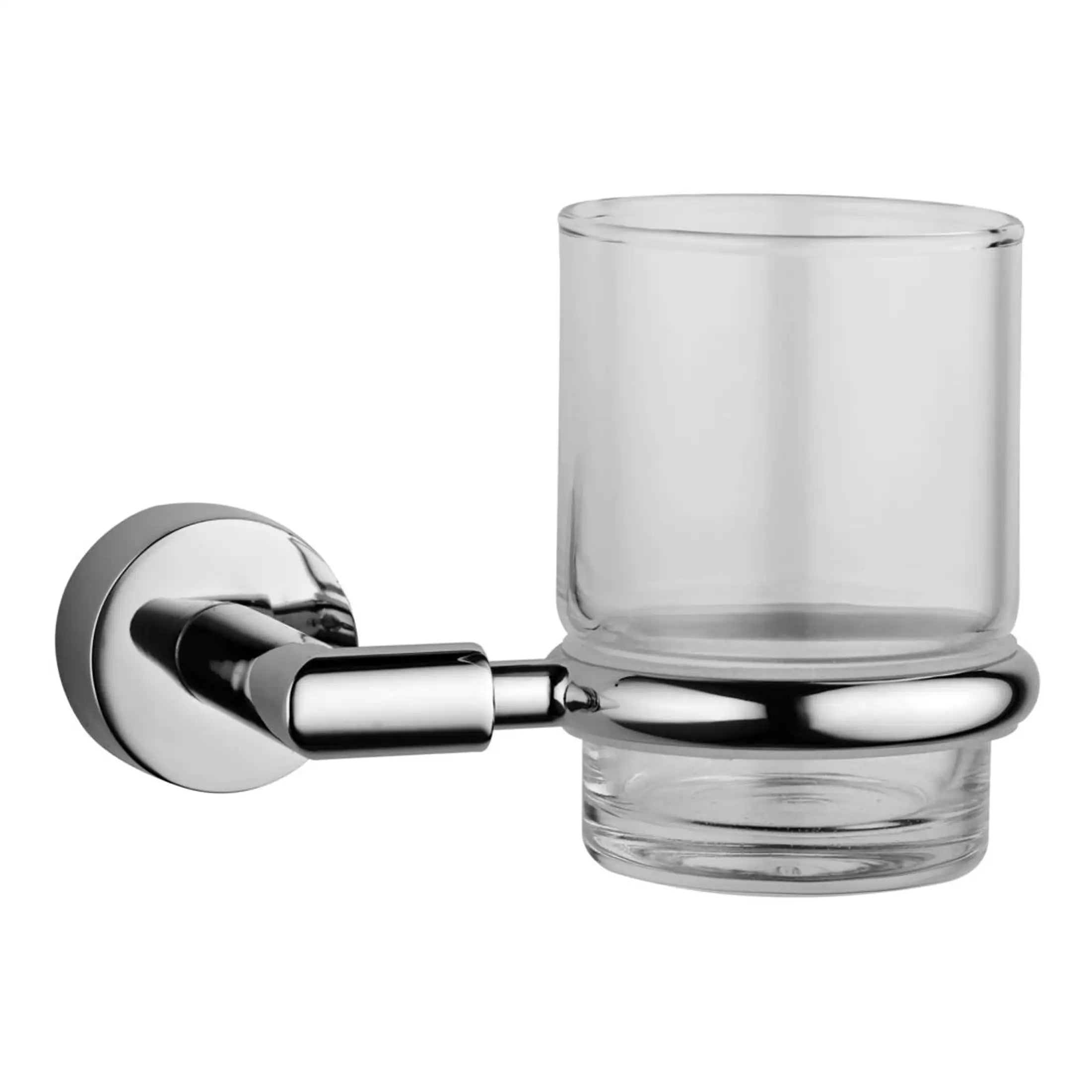 Sleek modern bathroom glass holder with chrome finish, designed to hold a glass or tumbler for bathroom essentials. Elegant and functional bathroom accessories for hygienic convenience.