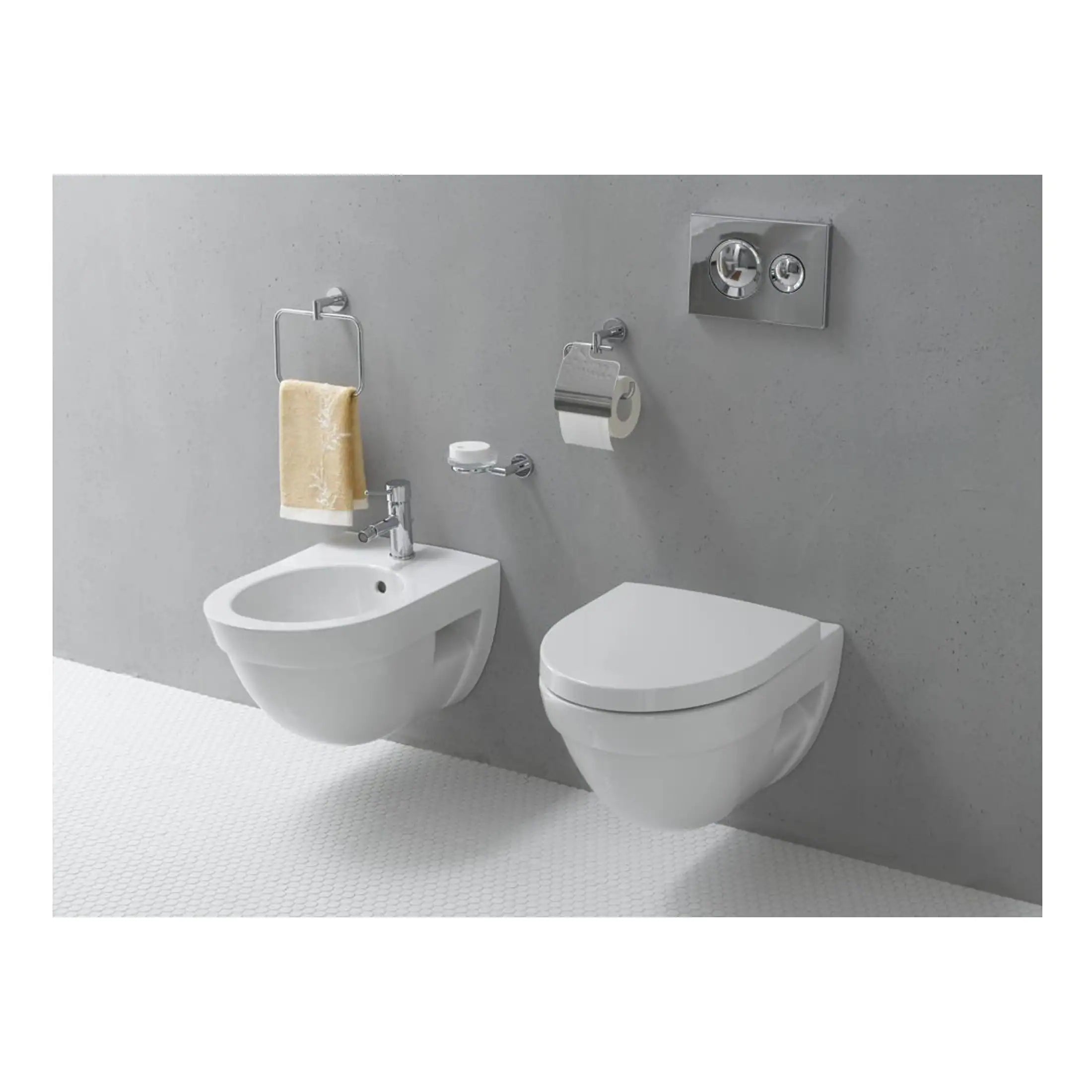Contemporary bathroom with wall-mounted toilet and bidet, minimalist fixtures, and modern accessories on a grey wall, ideal for sleek and functional bathroom design.