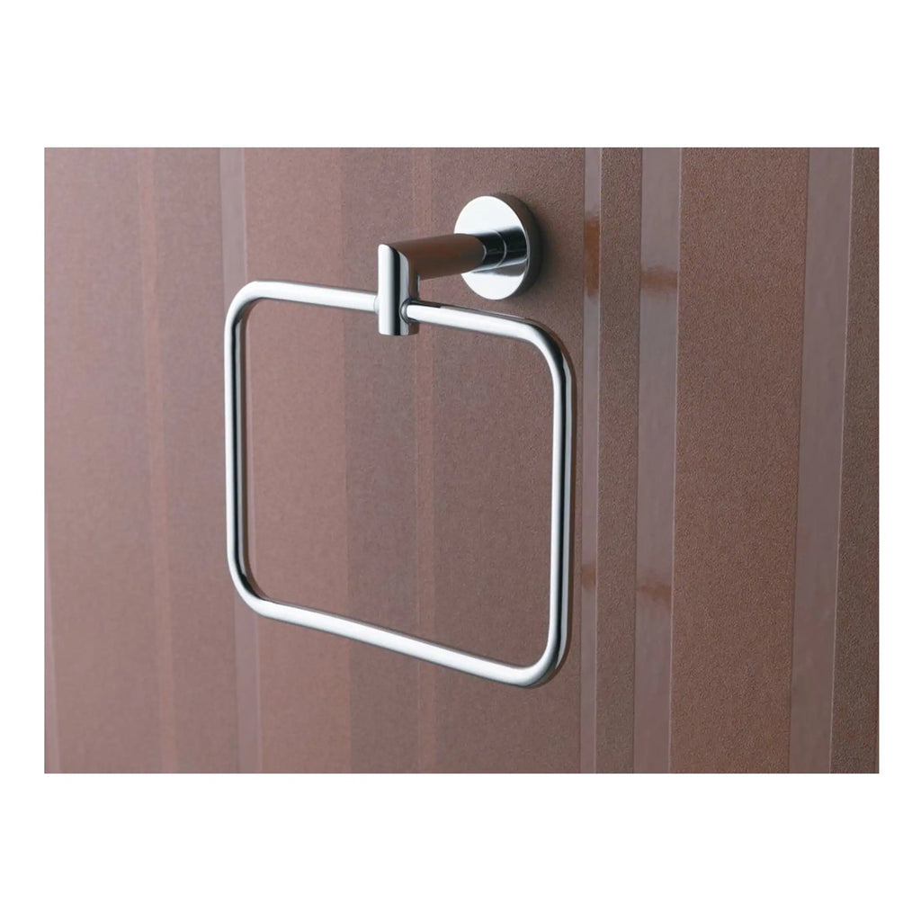 Minimalist stainless steel towel ring with a modern wall-mounted design, perfect for contemporary bathrooms. Features a sleek finish and durable construction, adding functionality and style.