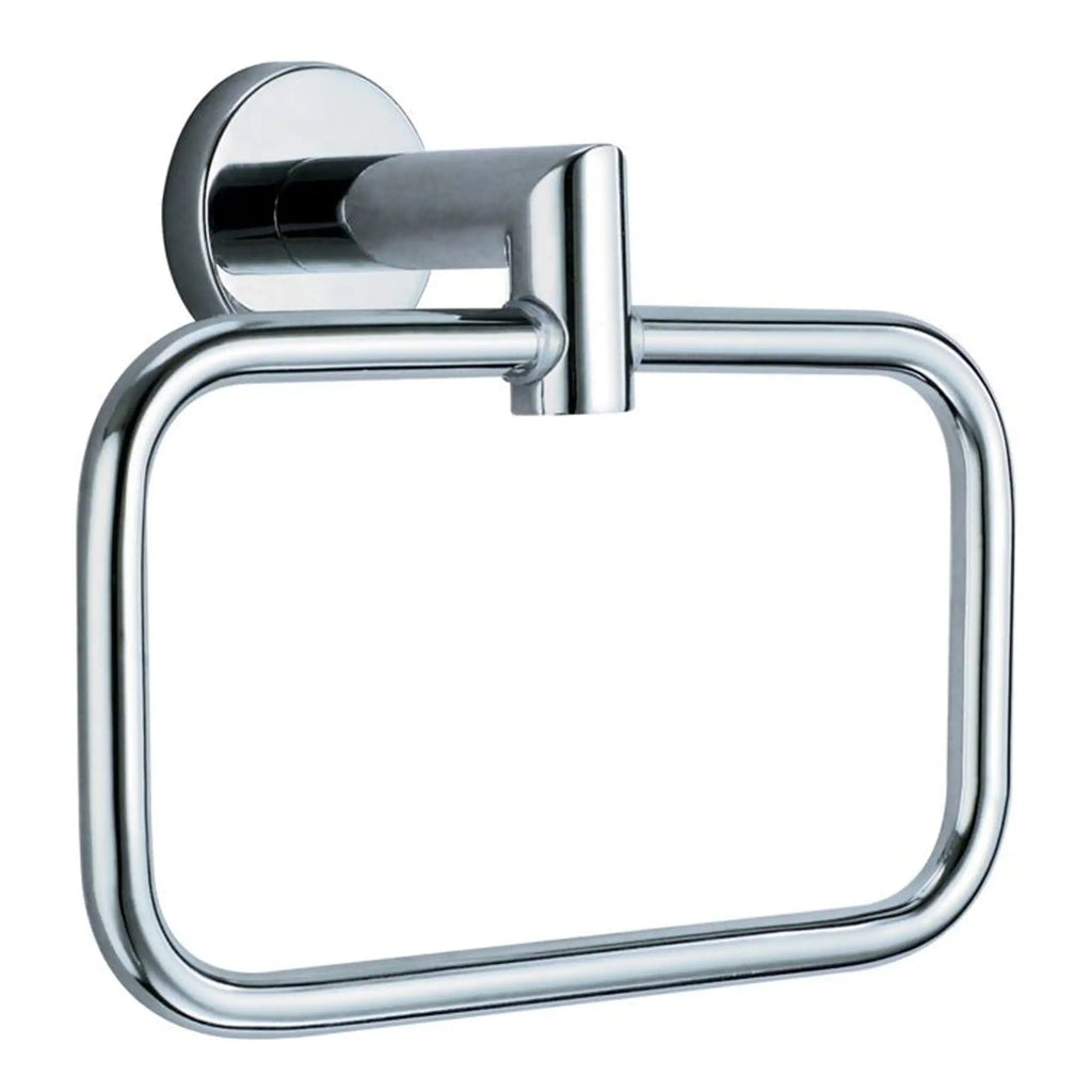 Shiny chrome bathroom toilet paper holder with modern square design, wall-mounted fixture for stylish and functional bathroom accessories.