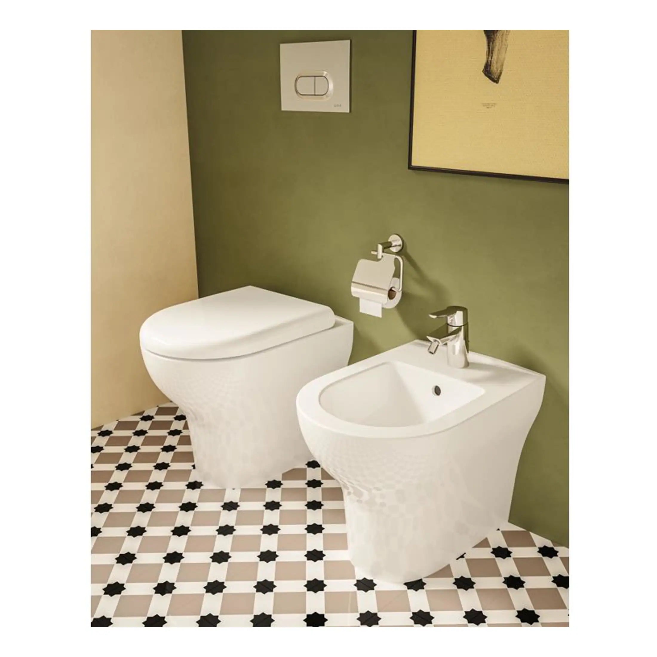 Modern white bathroom toilet and bidet with sleek chrome fixtures in contemporary design, set against a green feature wall with stylish patterned floor tiles.