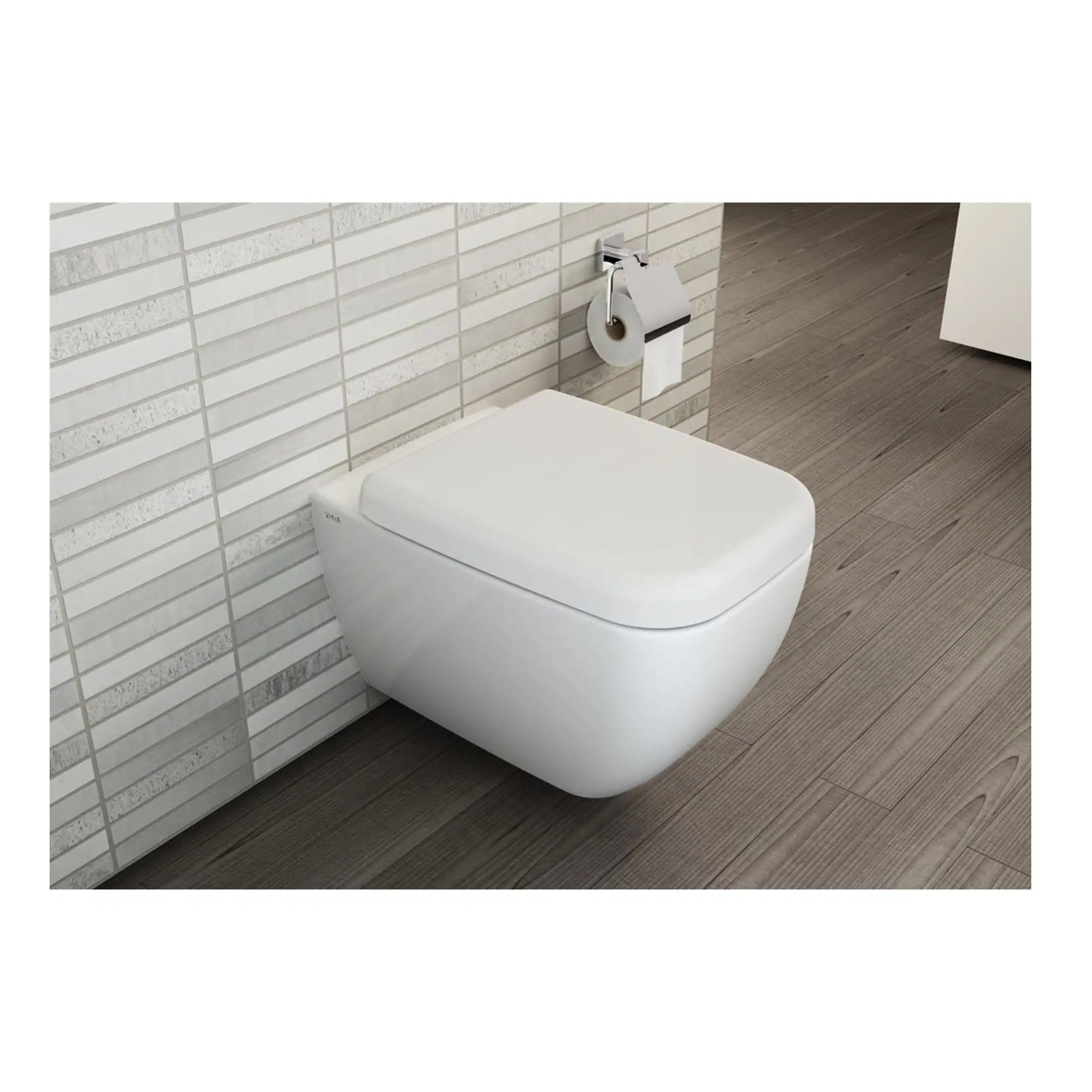 Sleek white wall-mounted toilet with modern design, positioned next to textured tiled wall and wooden flooring, ideal for contemporary bathroom renovations.