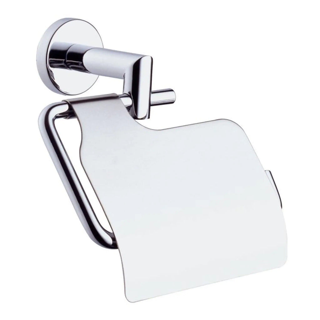 Sleek chrome toilet paper holder with a modern design, ideal for contemporary bathrooms. Perfect for holding toilet paper with ease and style.