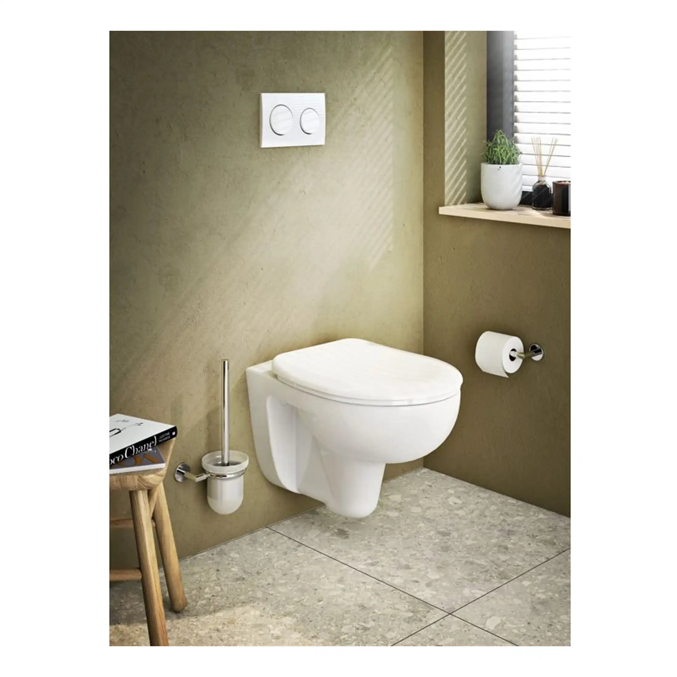 Sleek modern wall-hung white toilet with soft-close lid in a contemporary bathroom setting, featuring minimalist design and natural light from a window, creating a stylish and functional space.