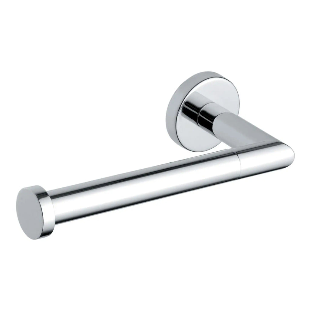Modern chrome toilet paper holder mounted on white background with sleek and minimalist design.