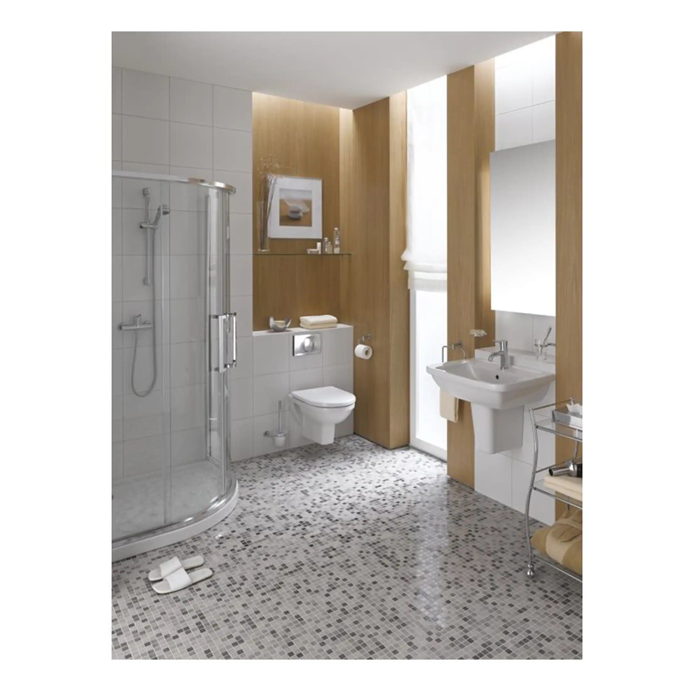 Modern bathroom with walk-in shower, white toilet, washbasin, and wooden accents, featuring contemporary fixtures and mosaic flooring for luxury bathroom design.