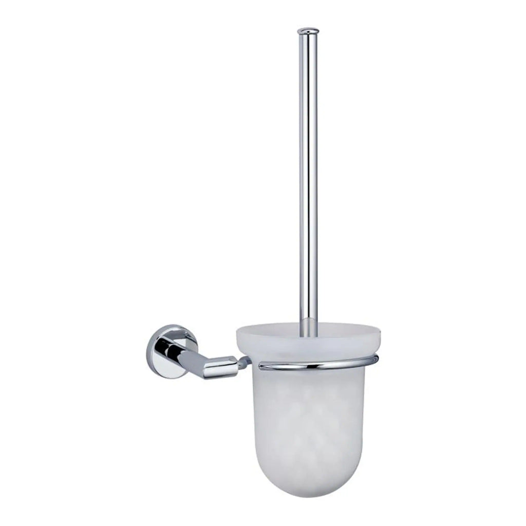 Sleek bathroom toilet brush holder with chrome finish and frosted glass container, ideal for modern bathroom decor and hygiene.