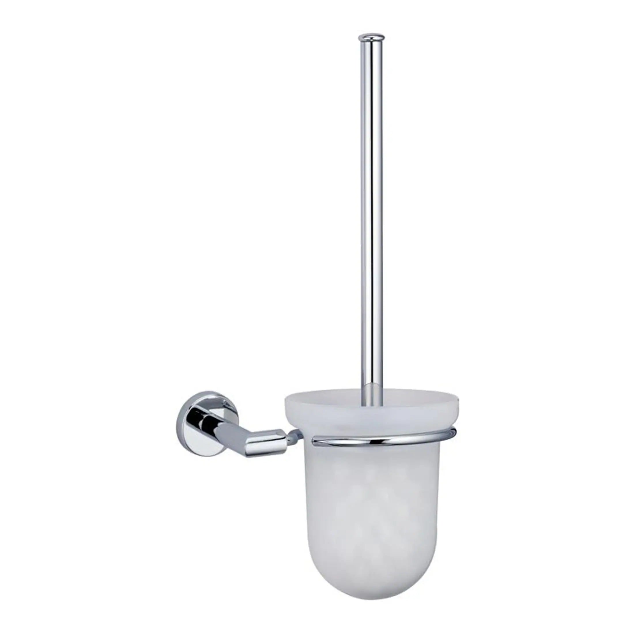Sleek bathroom toilet brush holder with chrome finish and frosted glass container, ideal for modern bathroom decor and hygiene.