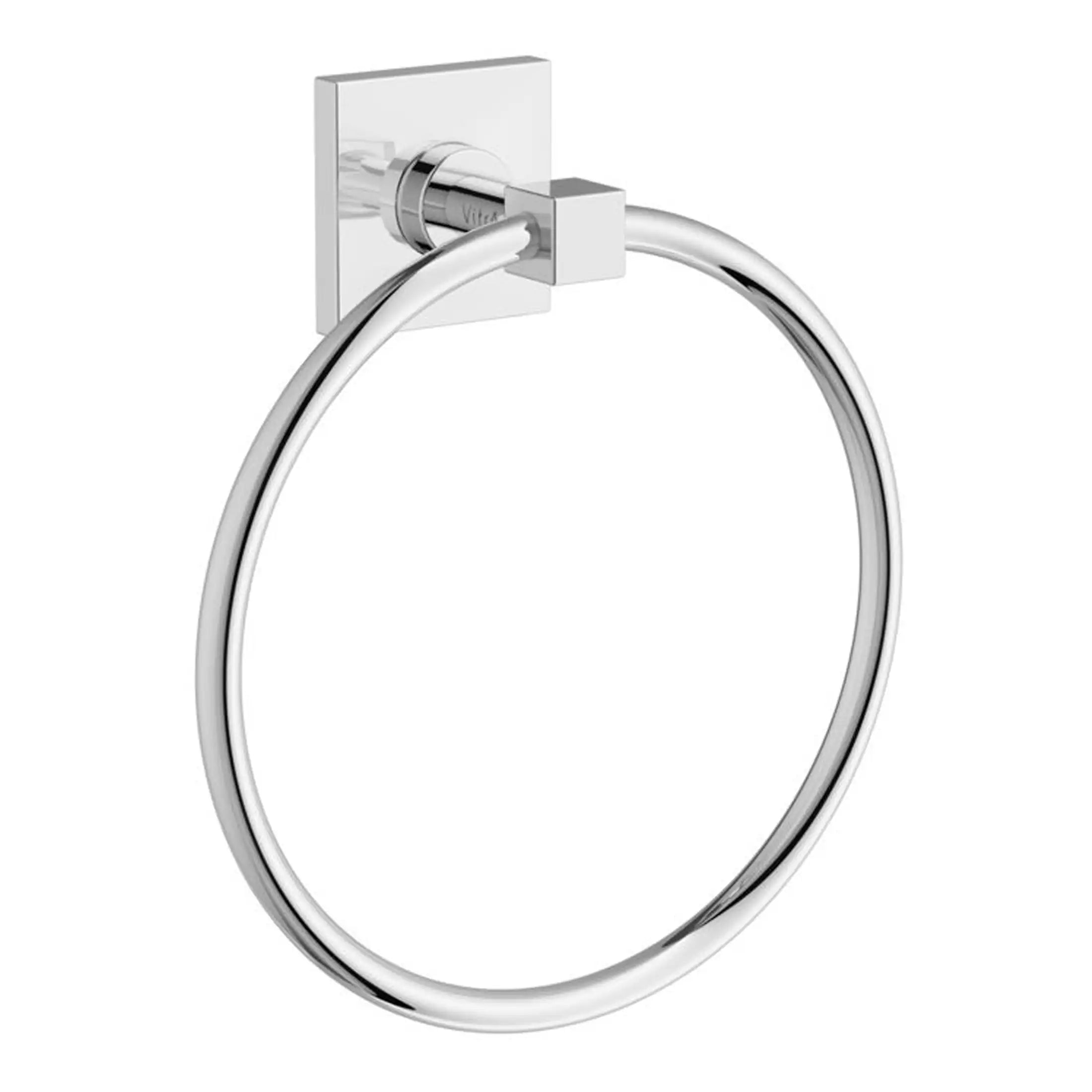 Polished chrome towel ring mounted on a bathroom wall, ideal for modern bathrooms, for holding hand towels and adding style to Bubly Bathrooms.