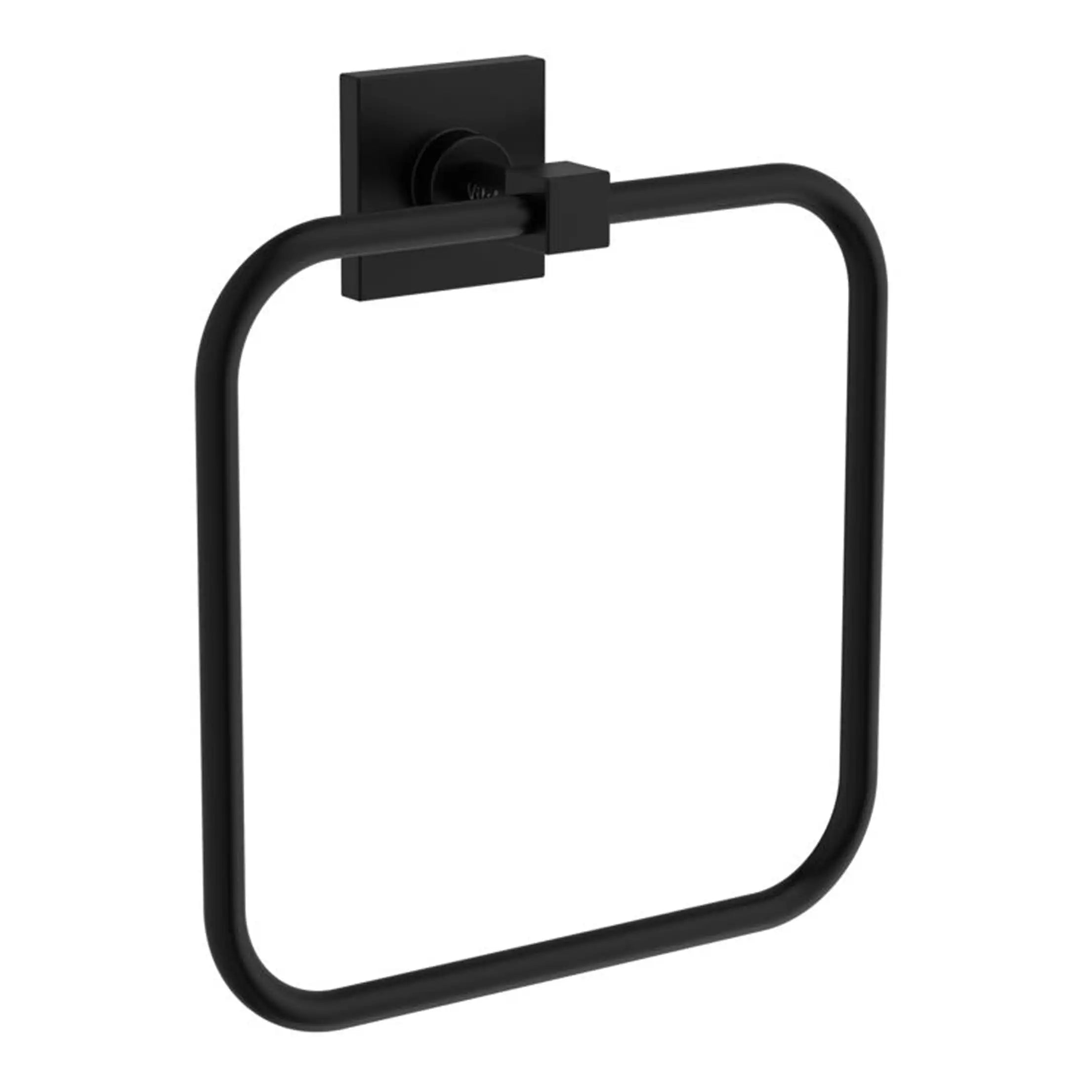 Sleek black towel ring with modern square mounting plate, ideal for contemporary bathroom decor. Easy to install and durable, perfect for holding towels and enhancing bathroom organisation.
